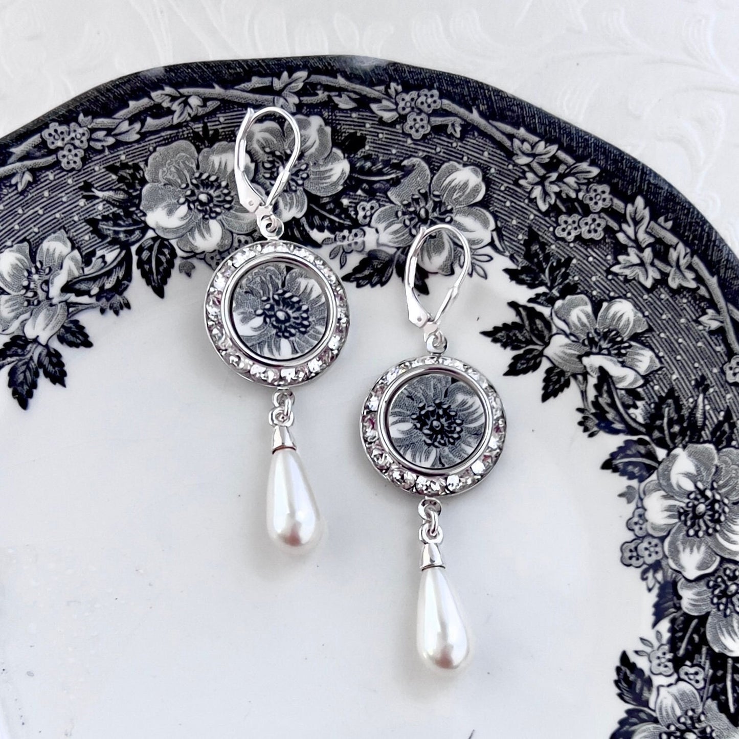Black and White Broken China Jewelry, Beach Rose Flower Earrings, Vintage Transferware China