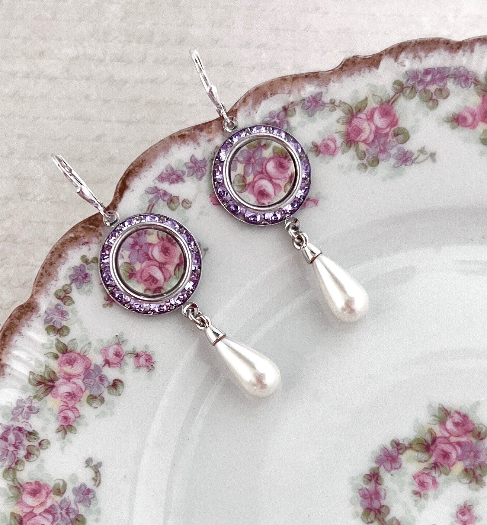 Antique French Limoges Porcelain Earrings, Unique 18th Anniversary Gift for Wife