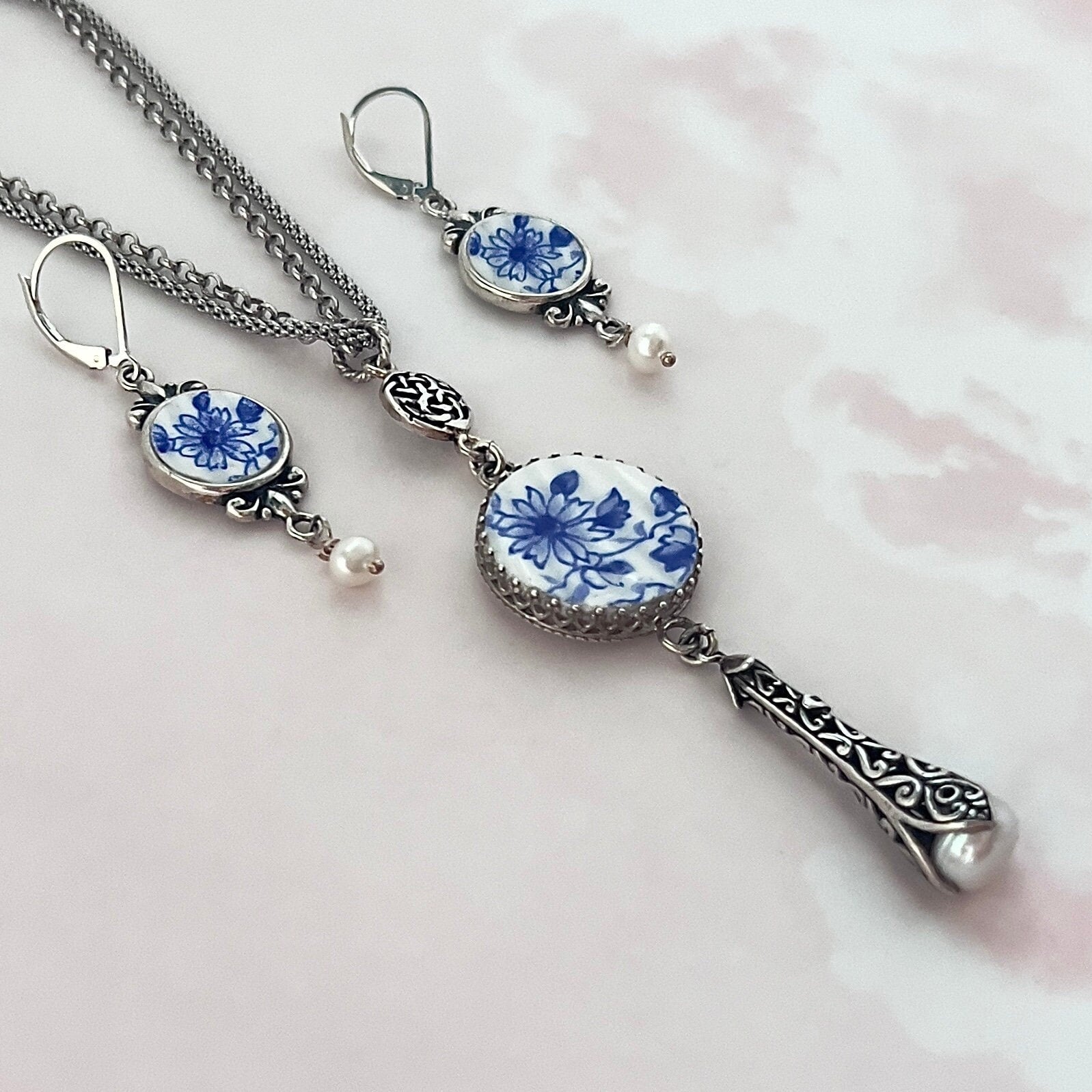 Unique 20th Anniversary Gift for Wife, Broken China Jewelry, Shelley Dainty Blue Victorian Jewelry