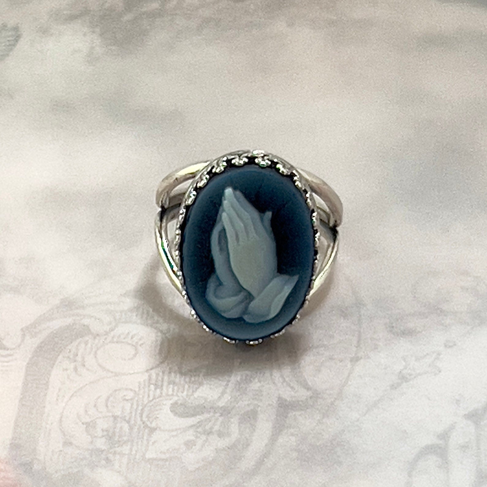 Blue Agate Cameo Ring, Christian Jewelry, Praying Hands Adjustable Sterling Silver Ring, Religious Gift