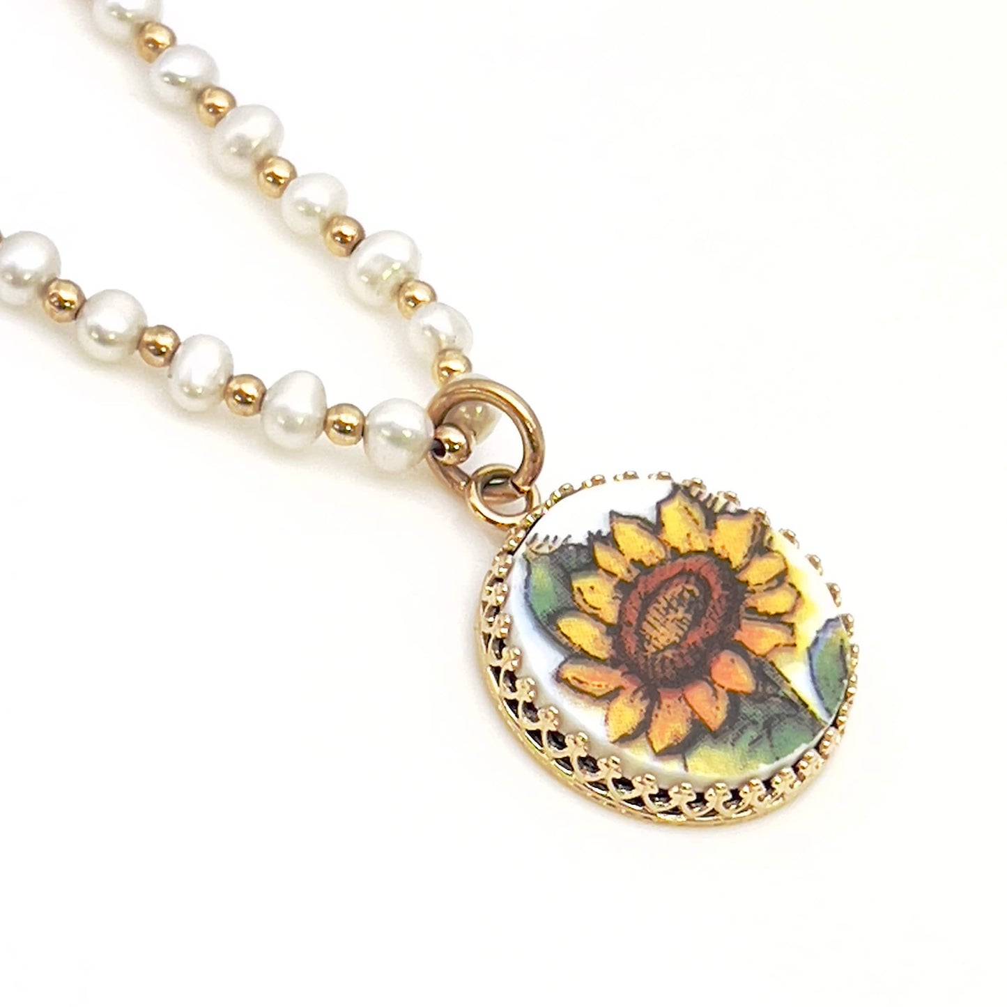 14k Gold Sunflower Necklace, Pearl Broken China Jewelry, Unique 20th Wedding Anniversary Gift for Wife
