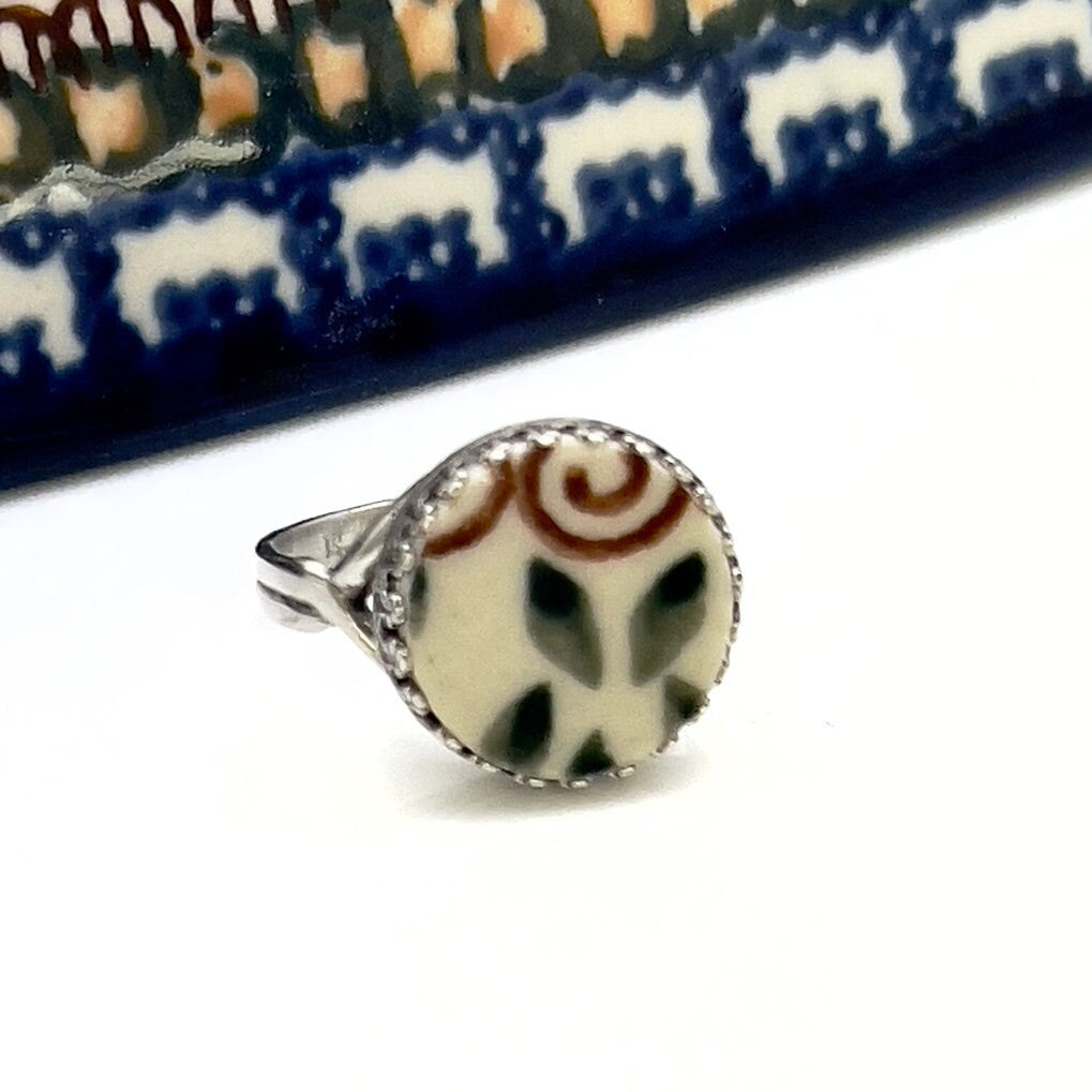 Polish Pottery, Broken China Jewelry Adjustable Sterling Silver Ring, One-of-a-Kind Unique Gift for Her