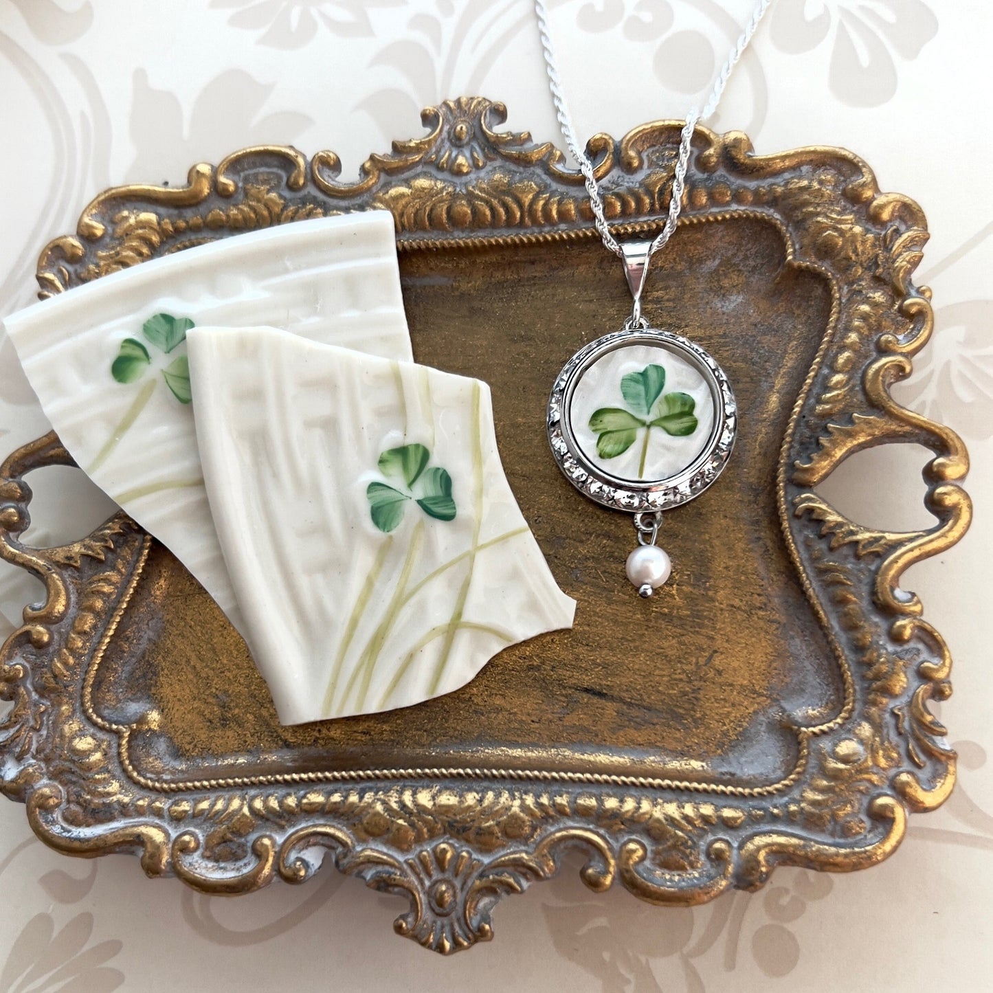 Celtic Necklace, Irish Belleek Broken China Jewelry, 20th Anniversary Gift for Wife, Unique Crystal Gifts for Women