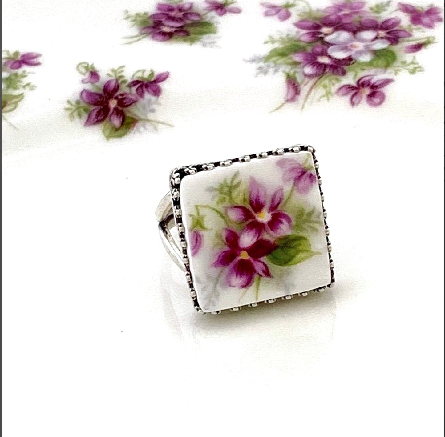 Royal Albert China, Purple Violet Flower Broken China Jewelry Ring, Sterling Silver Adjustable Ring, Square Statement Ring
