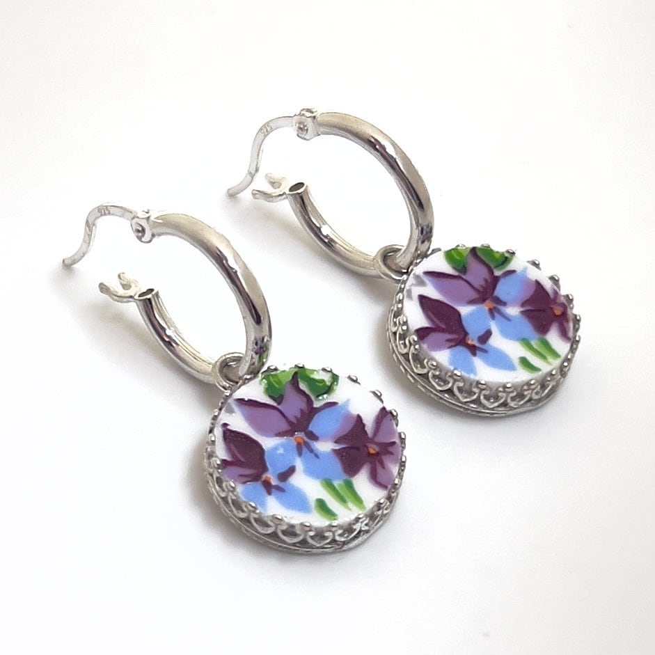 Purple Violet Hoop Earrings, Broken China Jewelry, Sterling Silver Gifts for Women, Unique Graduation Gifts