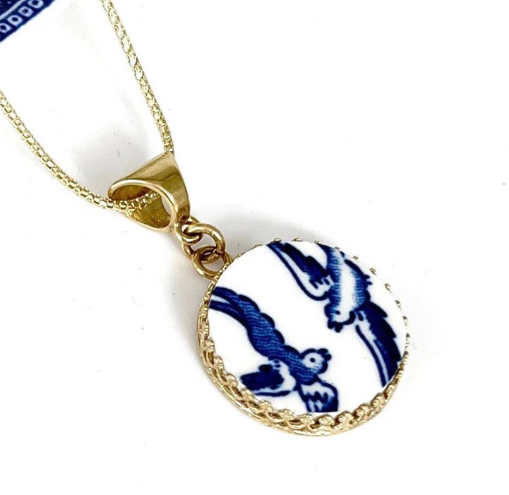 14k Gold Blue Willow Love Birds China Necklace, 18th and 20th Anniversary Gift for Wife, Broken China Jewelry, Romantic Wedding Gift