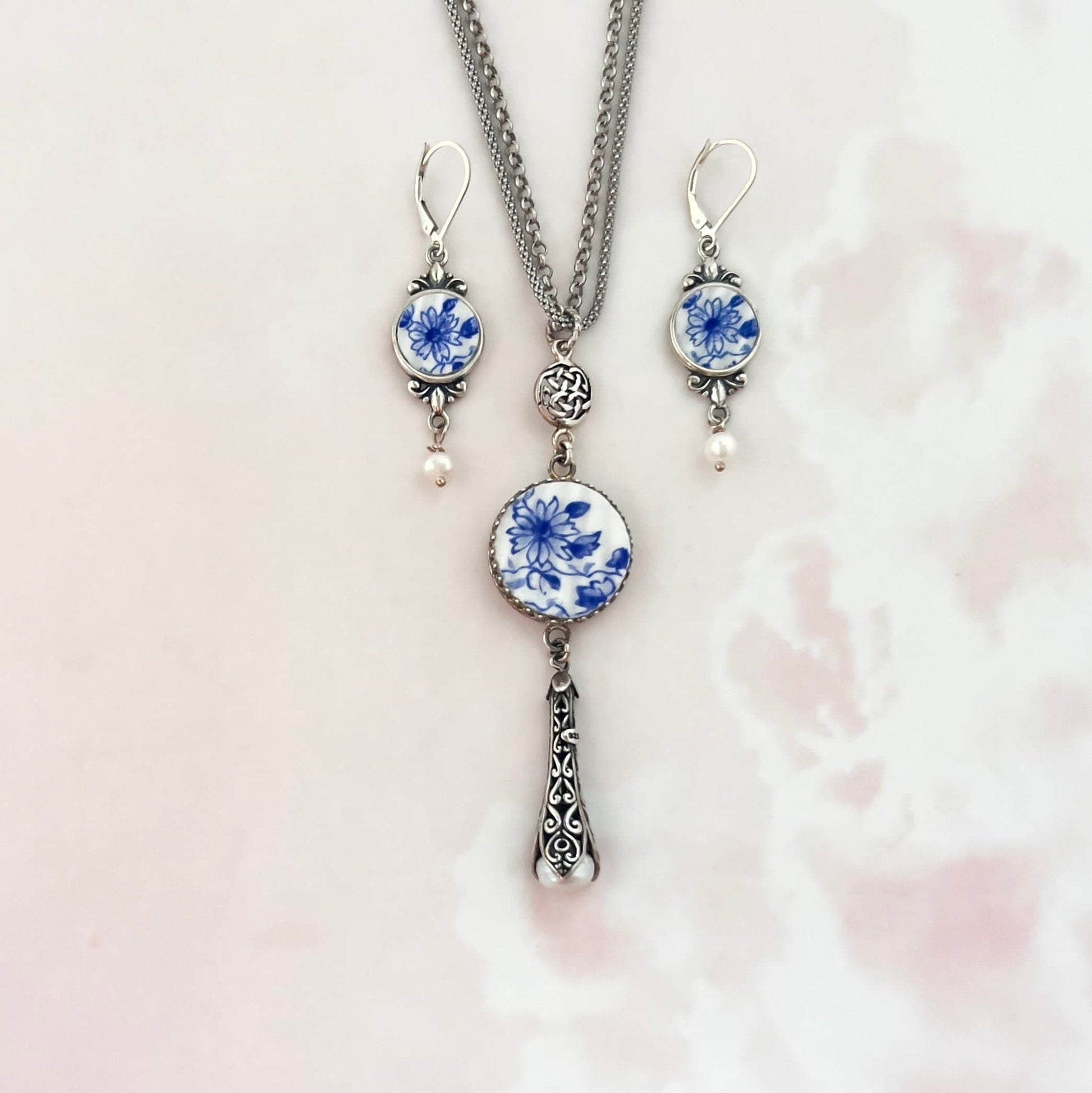 Unique 20th Anniversary Gift for Wife, Broken China Jewelry, Shelley Dainty Blue Victorian Jewelry