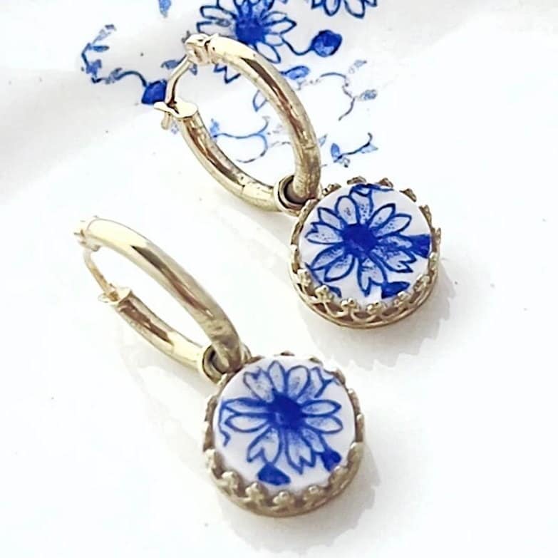 Dainty 14k Gold Hoop Blue Earrings
