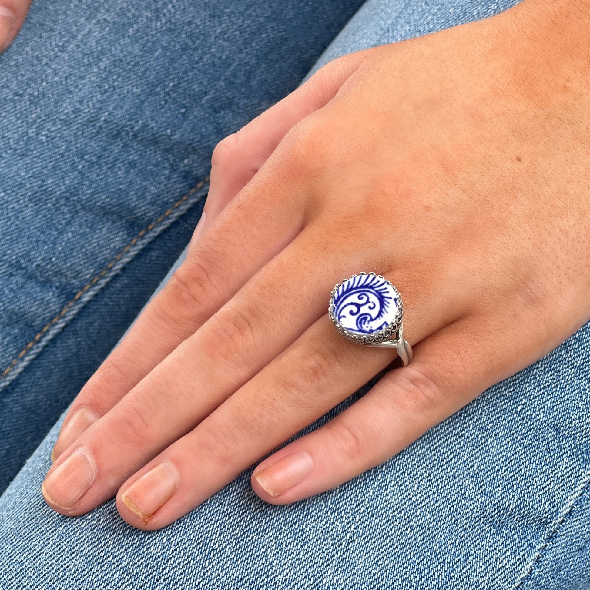 Blue Willow Ware Broken China Jewelry Ring, Sterling Silver Adjustable Ring, Gifts for Women,