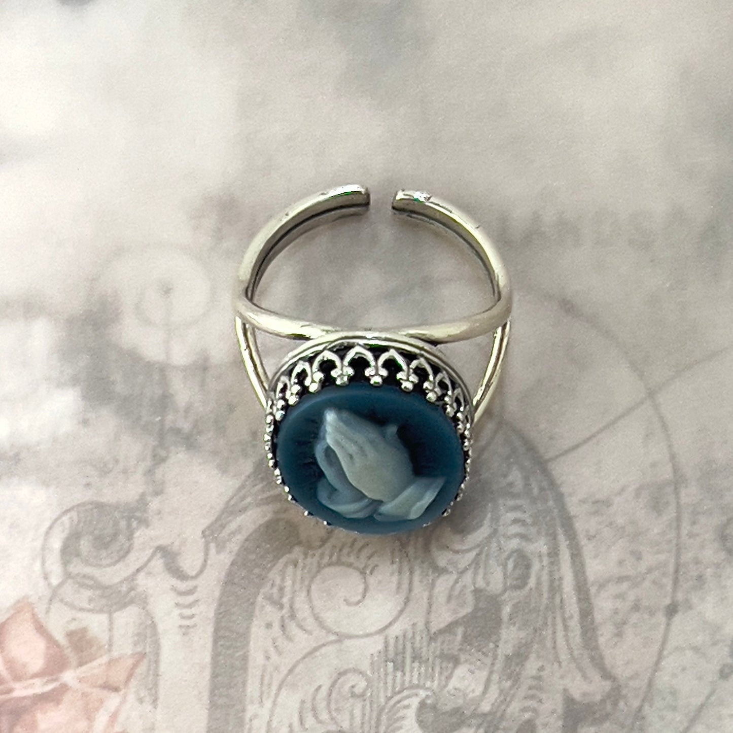 Blue Agate Cameo Ring, Christian Jewelry, Praying Hands Adjustable Sterling Silver Ring, Religious Gift
