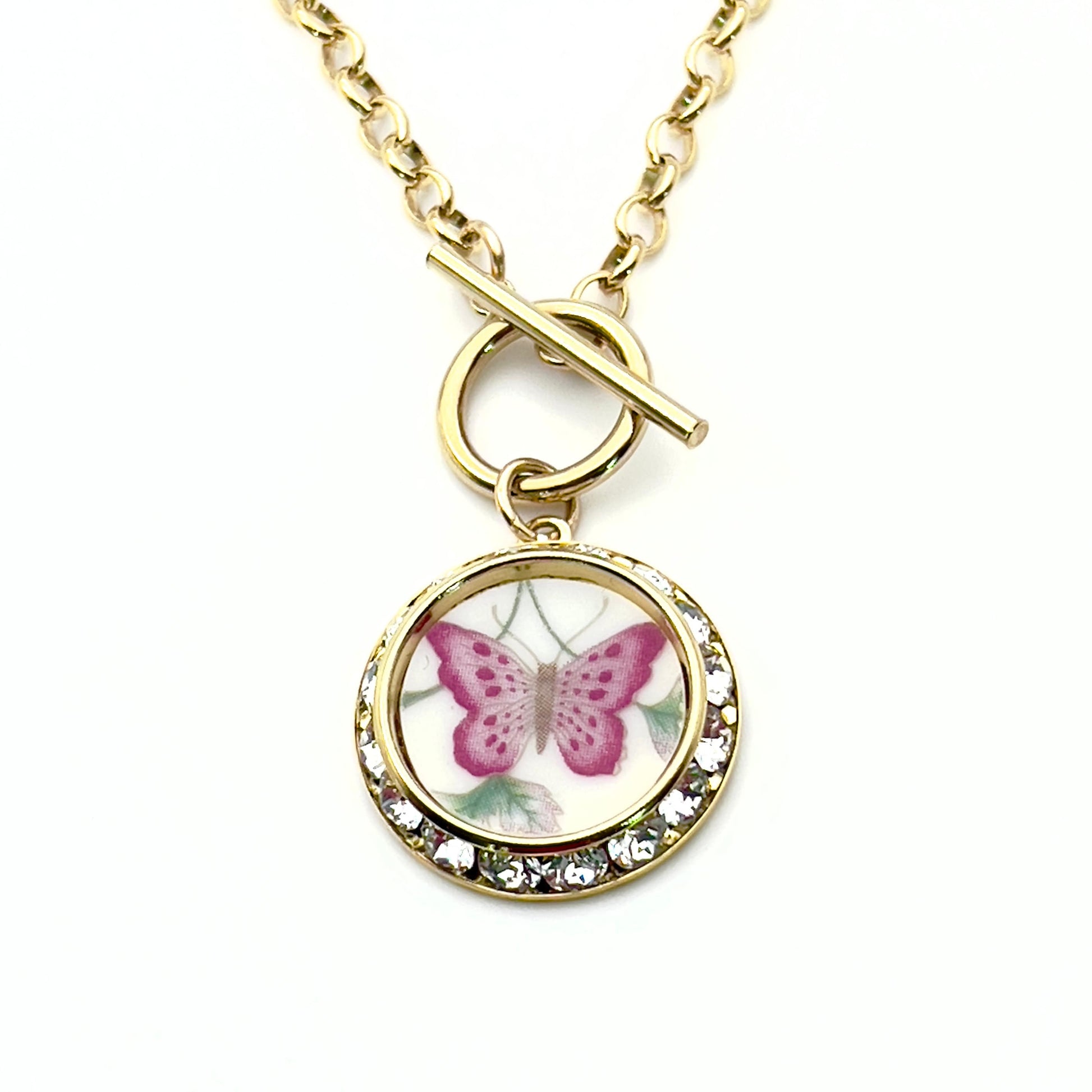 Gold Toggle Necklace, Butterfly Broken China Jewelry, Unique 15th Anniversary Crystal Gift for Wife