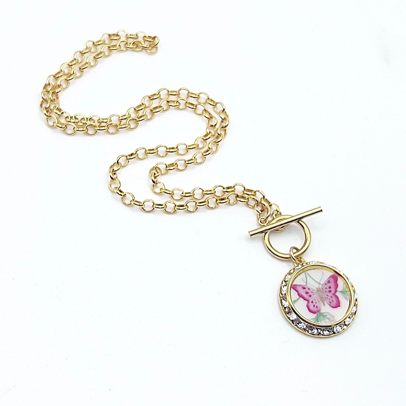Gold Toggle Necklace, Butterfly Broken China Jewelry, Unique 15th Anniversary Crystal Gift for Wife