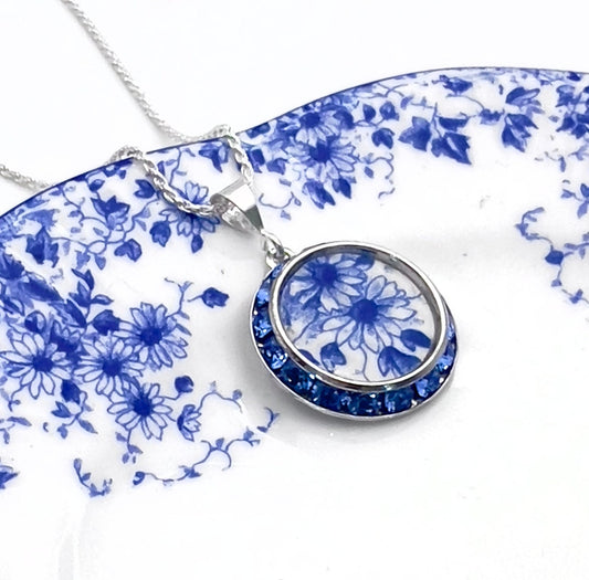 Daisy Crystal Pendant Necklace, Shelley Dainty Blue Broken China Jewelry, Anniversary Gift for Her