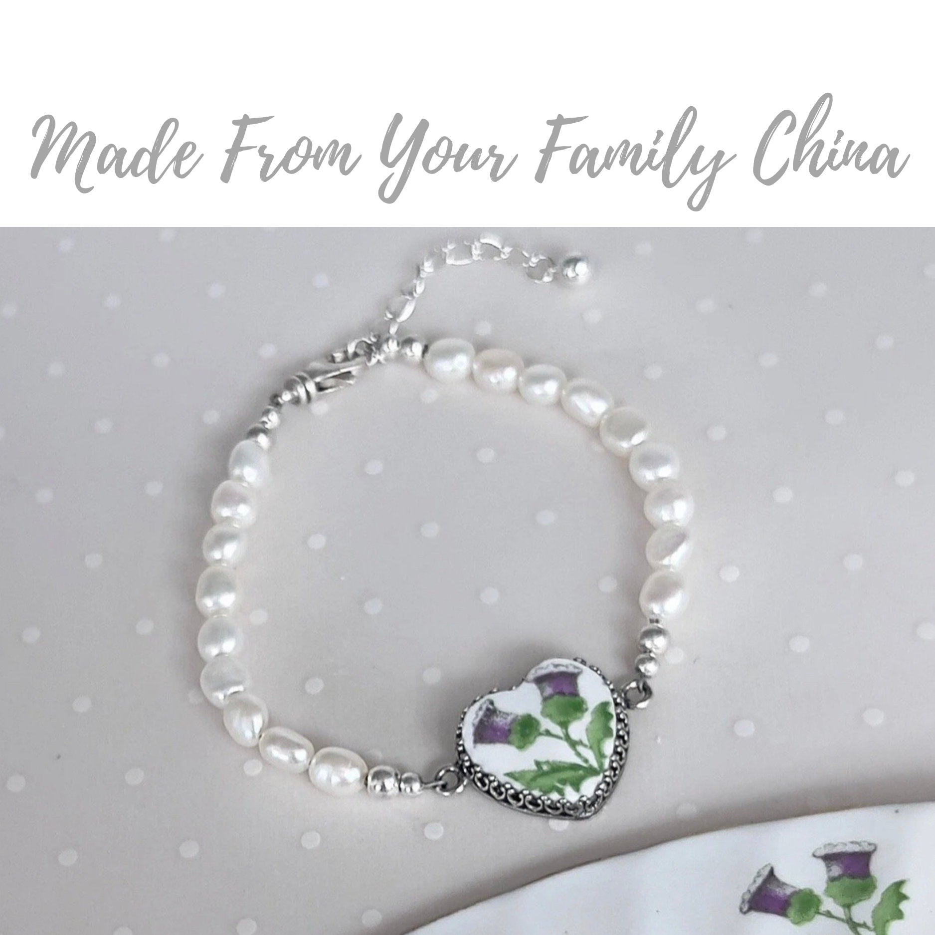 CUSTOM ORDER Freshwater Pearl Heart Charm Bracelet, Custom Memorial Broken China Jewelry, Family Jewelry, Made From Your China, Unique Gifts