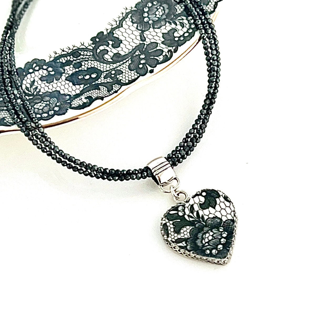 Royal Albert Senorita, 20th Anniversary China Gift for Wife, Romantic Lace Heart Necklace, Broken China Jewelry