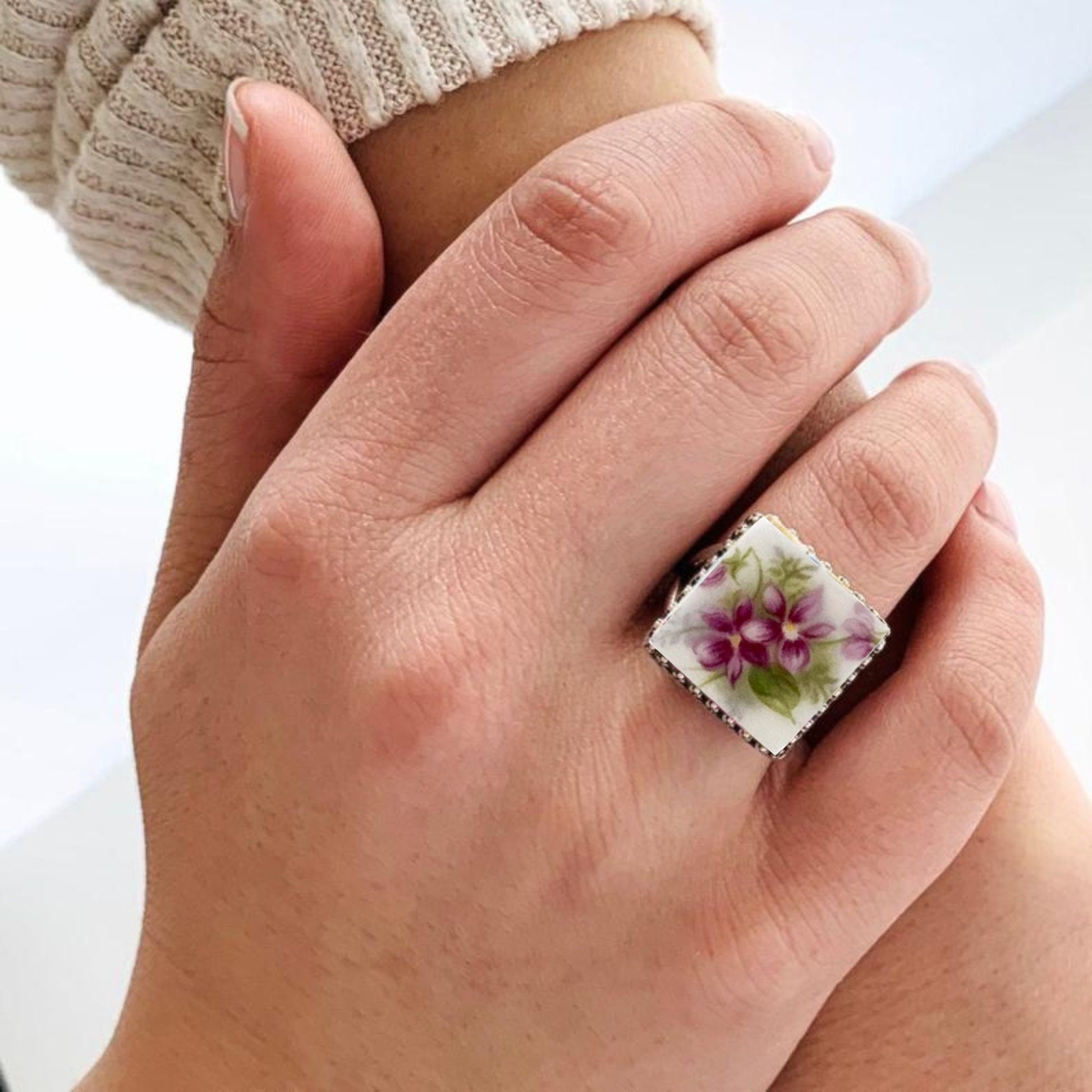 Royal Albert China, Purple Violet Flower Broken China Jewelry Ring, Sterling Silver Adjustable Ring, Square Statement Ring