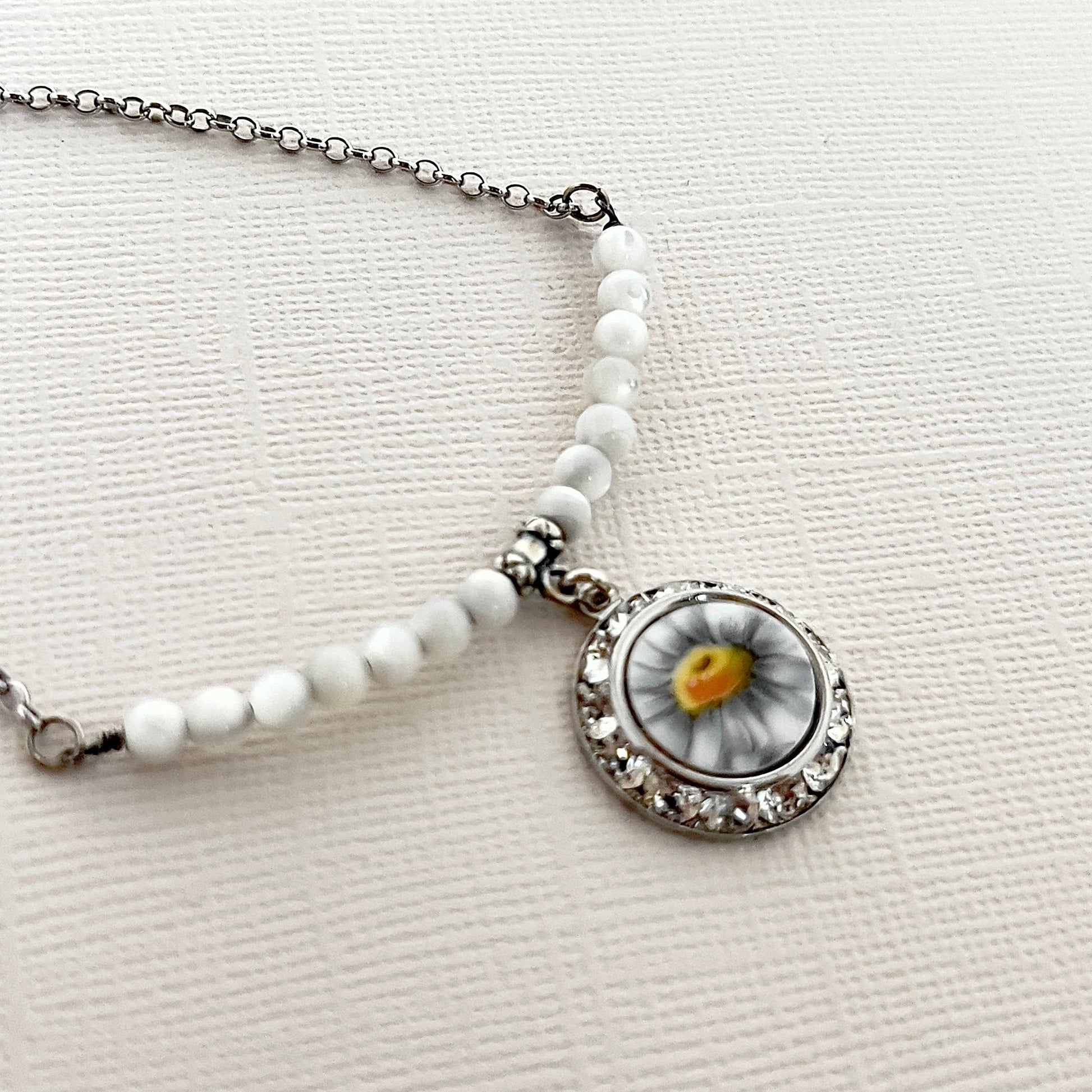 Crystal Daisy Necklace, White Mother of Pearl Summer Necklace, Broken China Jewelry