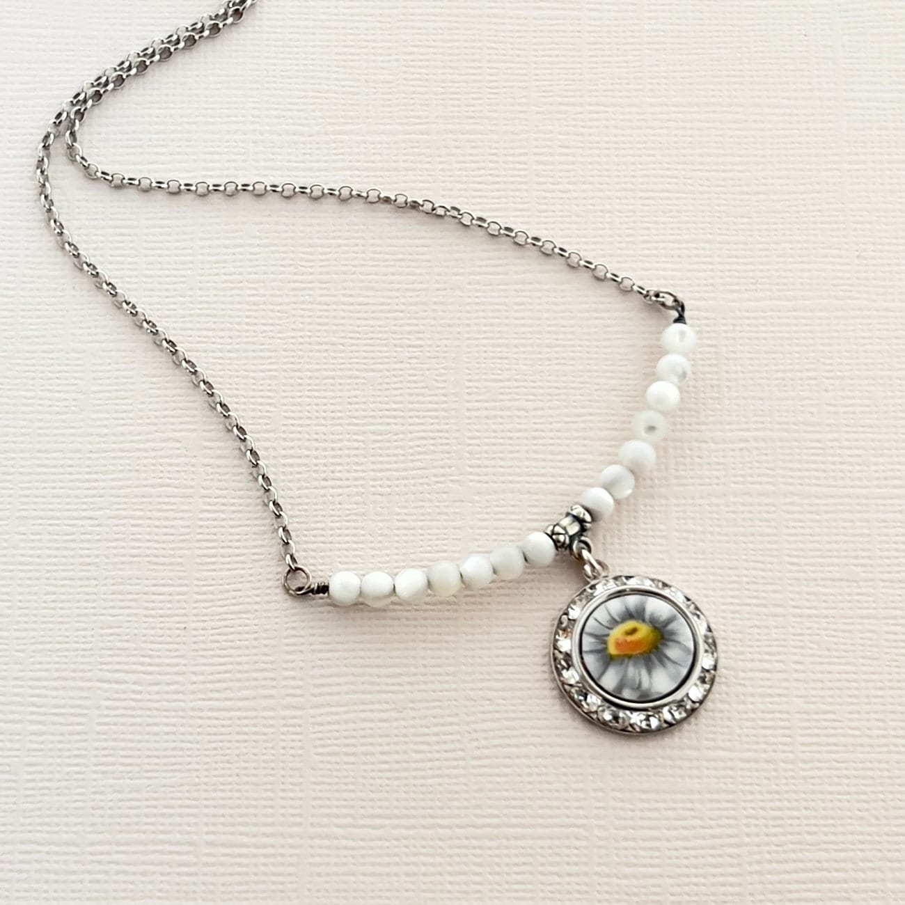 Crystal Daisy Necklace, White Mother of Pearl Summer Necklace, Broken China Jewelry