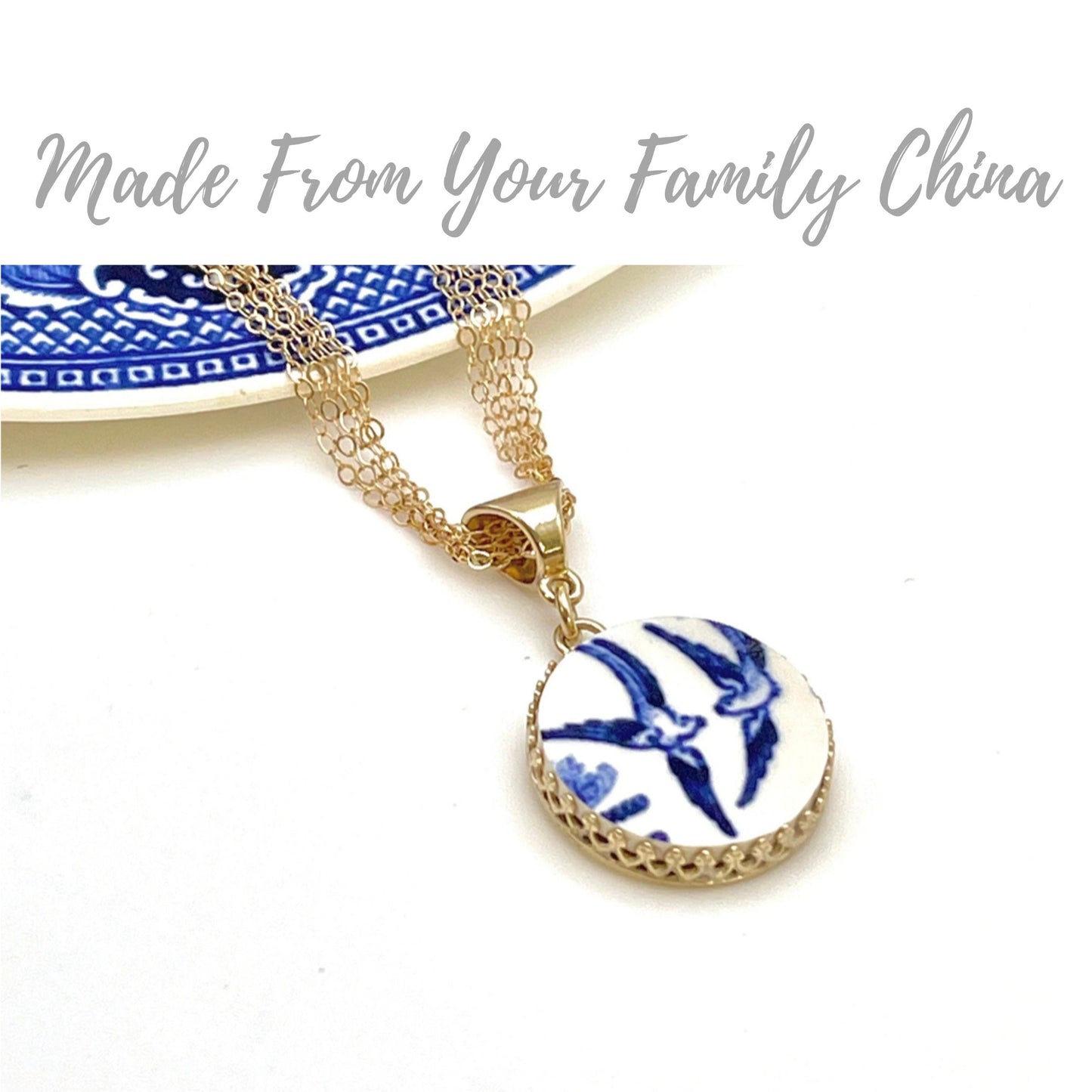 CUSTOM ORDER 14k Double Strand Gold Pendant or Necklace, 20th and 50th Anniversary, Custom Wedding China Broken China Jewelry Gift for Wife