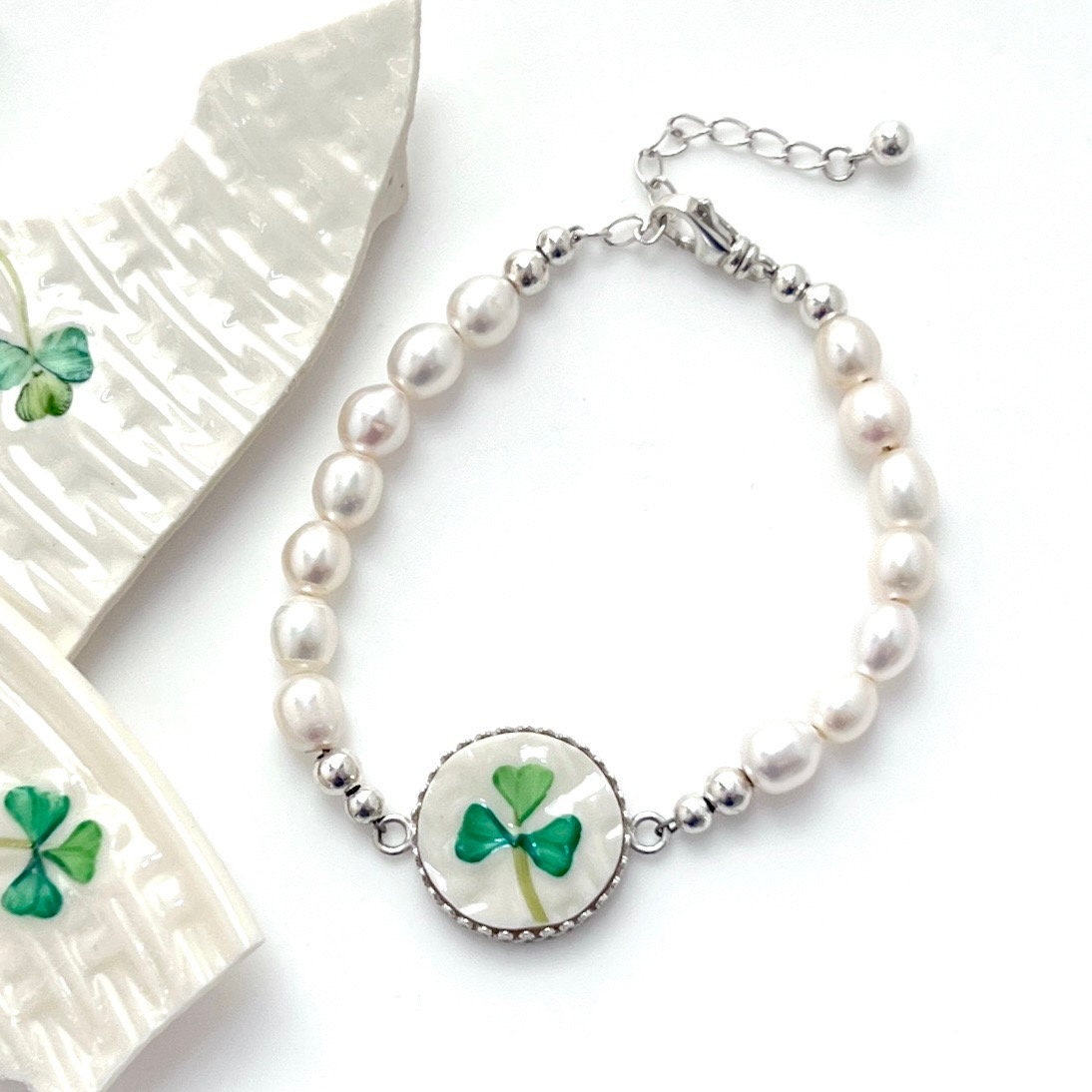 Irish Belleek China, Freshwater Pearl Bracelet, Broken China Jewelry, Unique Handmade Gifts for Women
