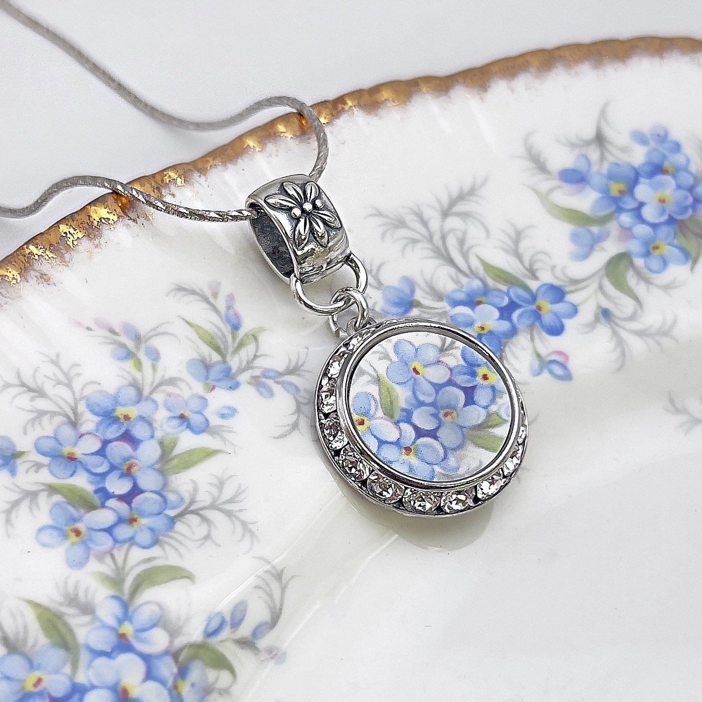 Adjustable Forget Me Not Flower Necklace, 20th Wedding Anniversary Gift for Wife, Crystal Broken China Jewelry