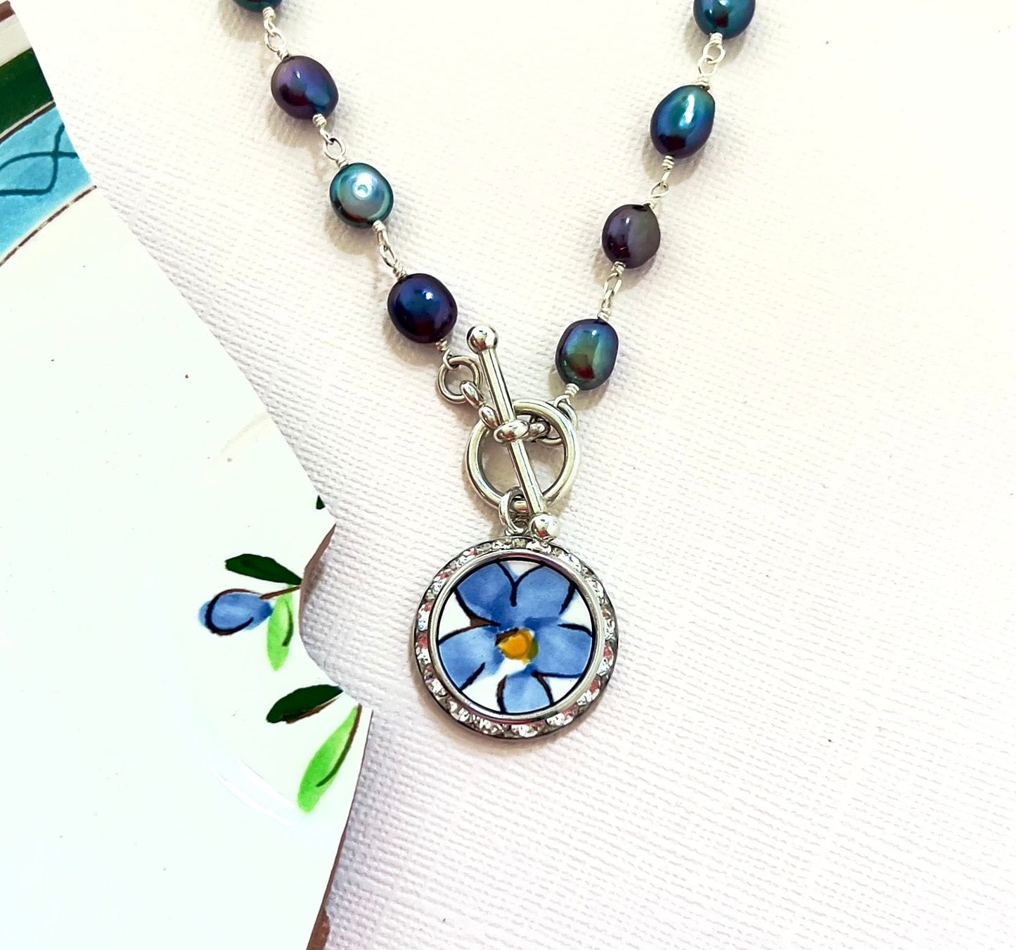 Hand Painted Stangl Pottery and Pearl Necklace, 9th Anniversary Gift for Wife, Broken China Jewelry, Unique 20th Anniversary Gifts for Women