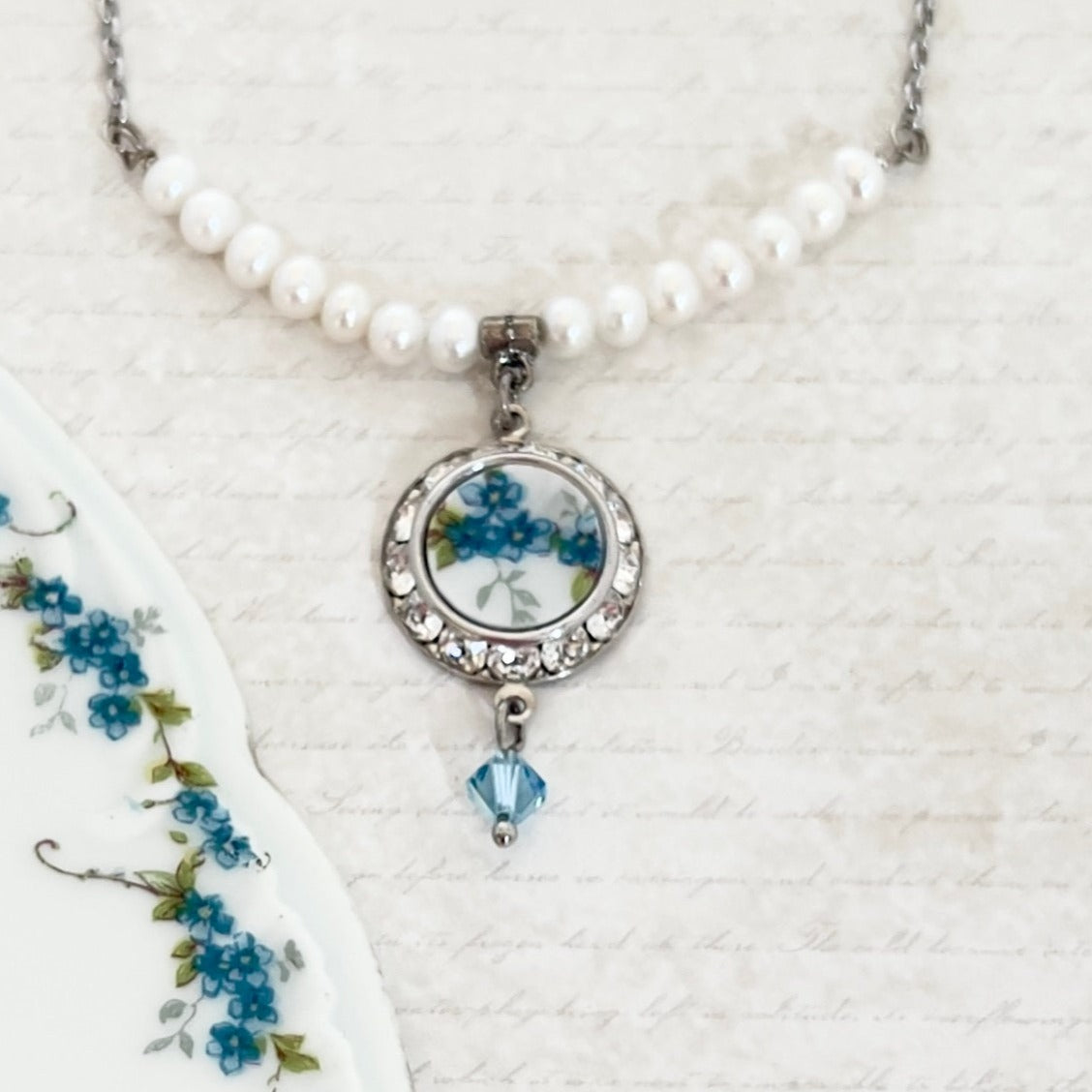 Forget Me Not Broken China Jewelry, Crystal and Pearl Necklace, Unique Handmade Jewelry Gifts