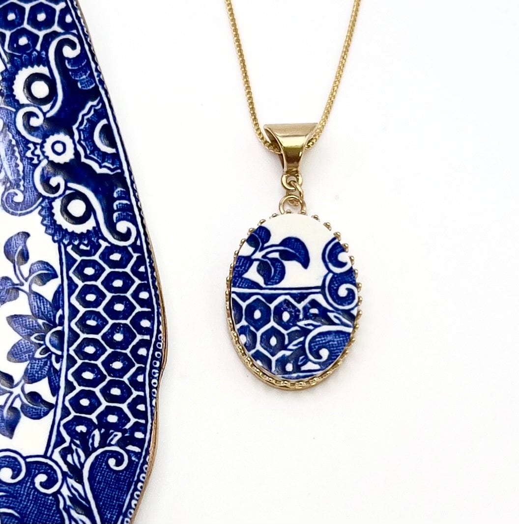 Blue Willow 14k Gold Pendant, 20th and 50th Anniversary Gift for Wife, Handmade Broken China Jewelry Gifts for Women
