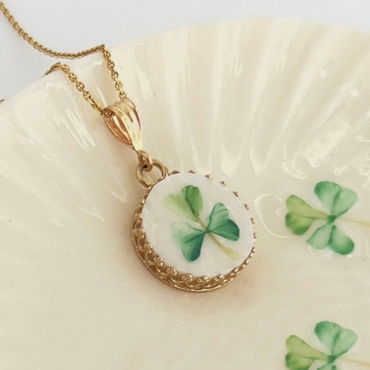 14k Gold Pendant or Necklace, Irish Belleek Broken China Jewelry, Gifts for Her