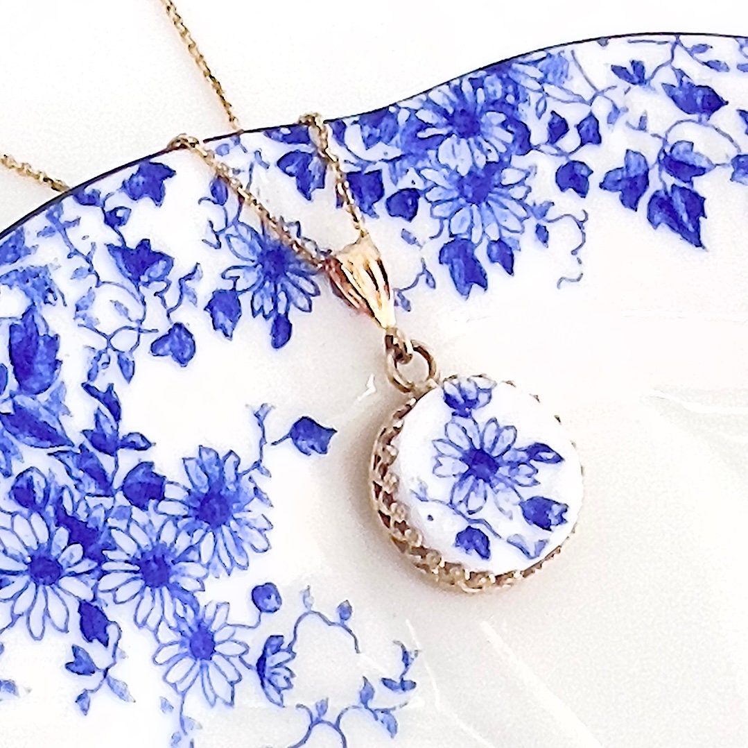 14k Gold Pendant or Necklace, Shelley Dainty Blue Broken China Jewelry, 18th Anniversary Porcelain Gift for Wife
