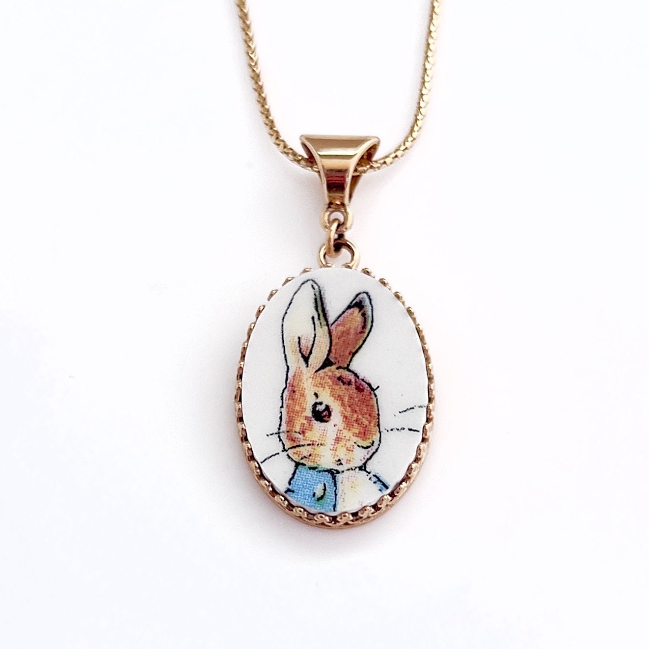 14k Solid Gold Peter Rabbit Pendant or Necklace, Beatrix Potter Broken China Jewelry, 20th Anniversary Gift for Wife