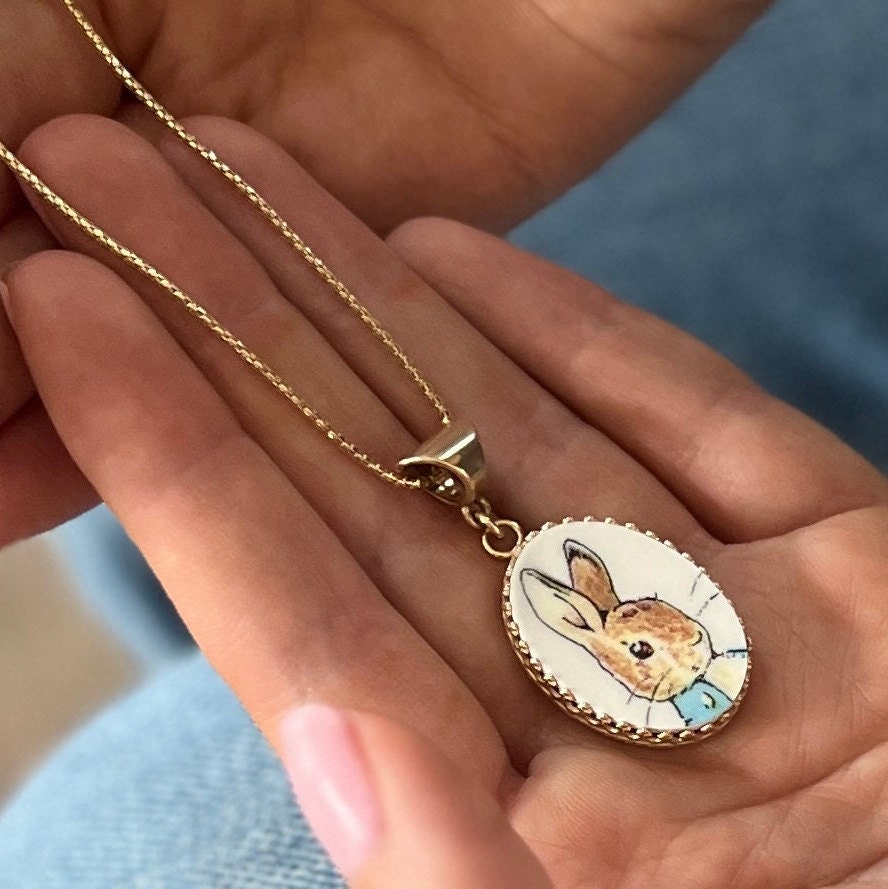 14k Solid Gold Peter Rabbit Pendant or Necklace, Beatrix Potter Broken China Jewelry, 20th Anniversary Gift for Wife