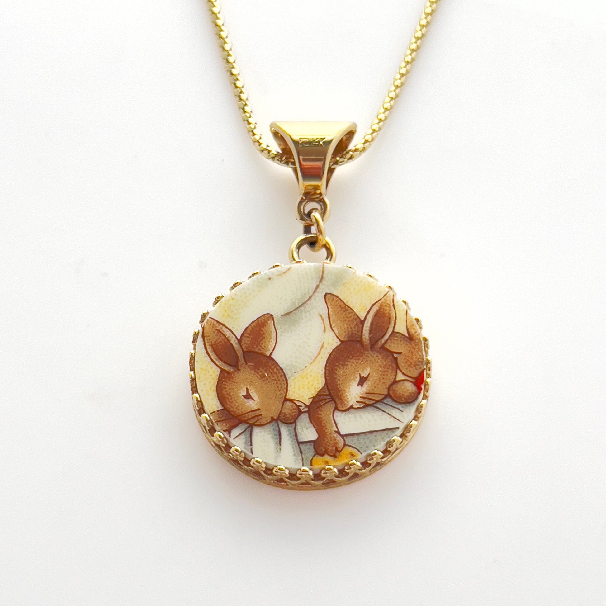 14k Solid Gold Bunnykins Pendant or Necklace, Broken China Jewelry, Love Bunnies, 20th Anniversary Gifts for Wife