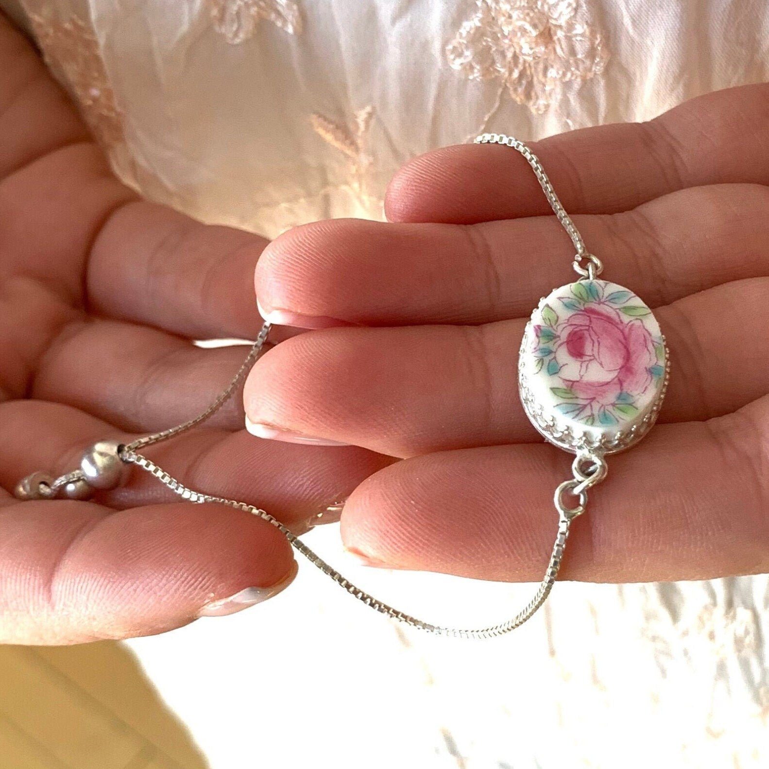 Dainty Bolo Bracelet, Pink Rose Vintage Minton China Jewelry, Unique Gifts, Sterling Silver Bracelets for Women