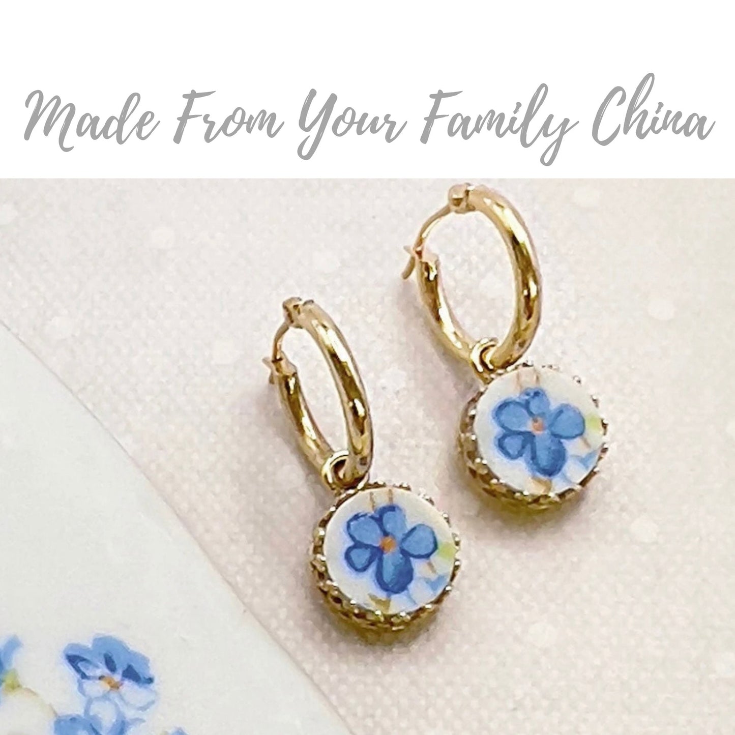 CUSTOM ORDER Dainty 14k Gold Hoop Earrings, Unique 20th Anniversary Gift for Wife, Custom Broken China Jewelry, Made From Your Wedding China