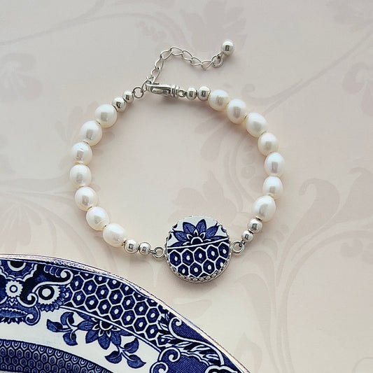 Blue Willow Vintage China, Freshwater Pearl Bracelet, Broken China Jewelry, Unique Jewelry Gifts for Women