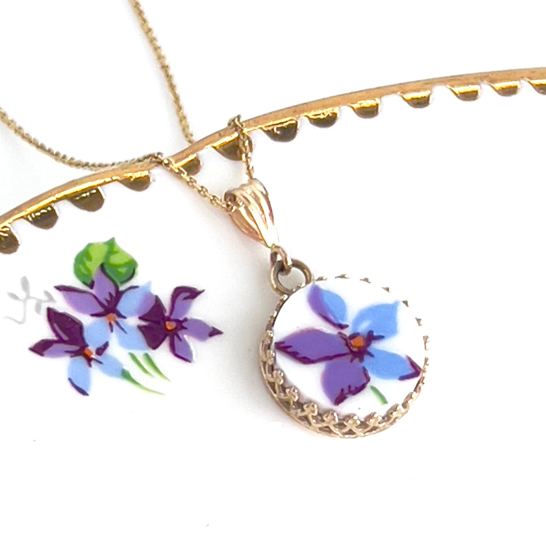 Purple Violet 14k Gold Pendant or Necklace, Broken China Jewelry, 18th Anniversary Porcelain Gift for Wife