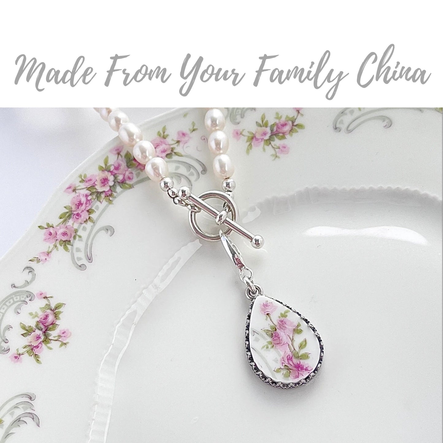 CUSTOM ORDER Pearl Toggle China Necklace, Broken China Jewelry, Unique 20th Anniversary Gift for Wife, Sterling Silver Jewelry, Custom Made