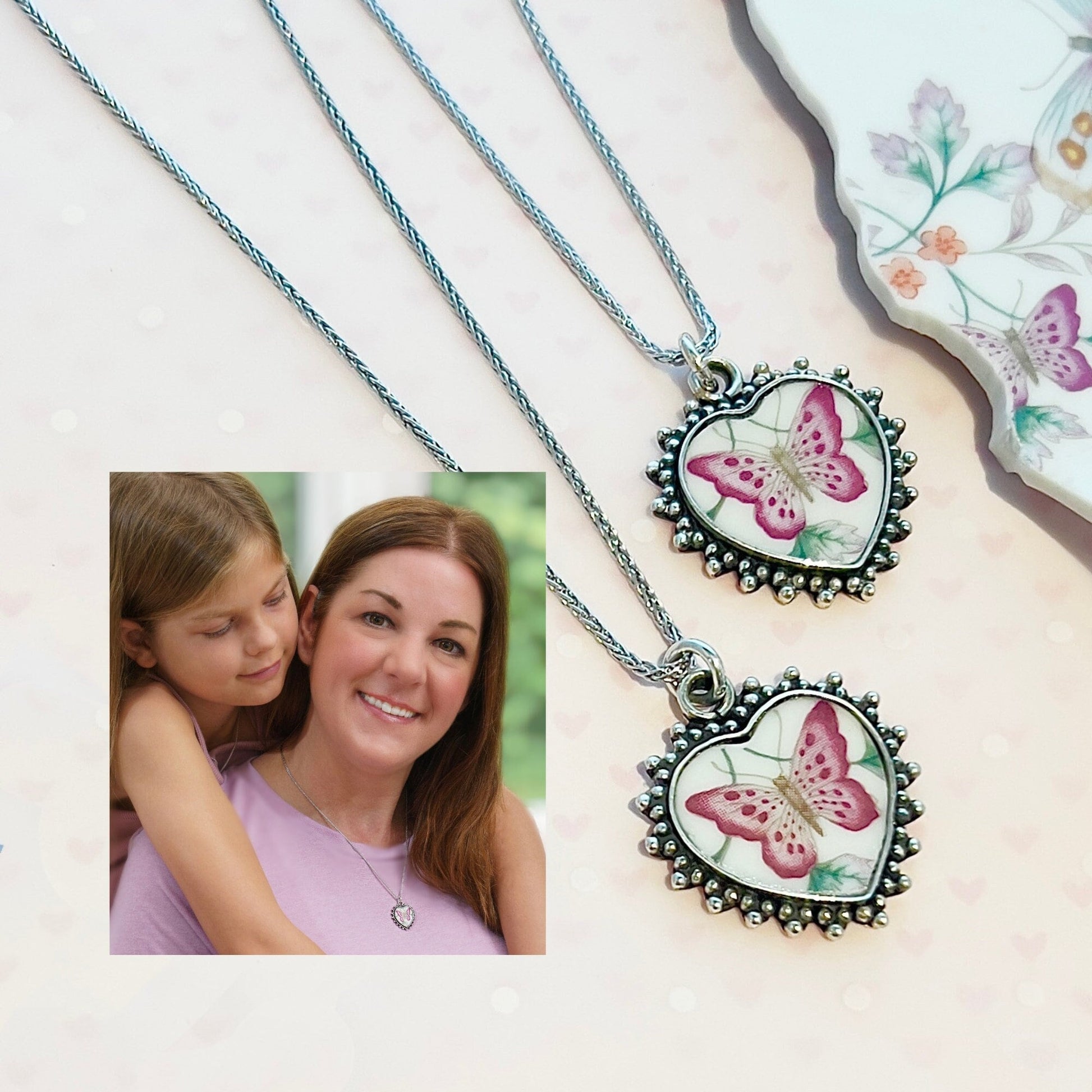 Mother Daughter Necklaces Set of 2, Matching Butterfly Necklaces, Broken China Jewelry Heart Pendant