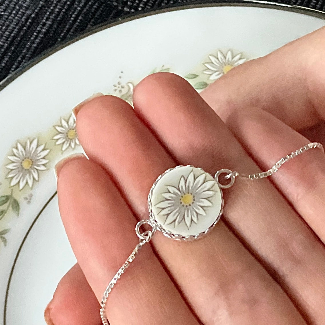 Dainty Daisy Bolo Bracelet, Adjustable Sterling Silver Bracelet, Broken China Jewelry, Unique Gifts