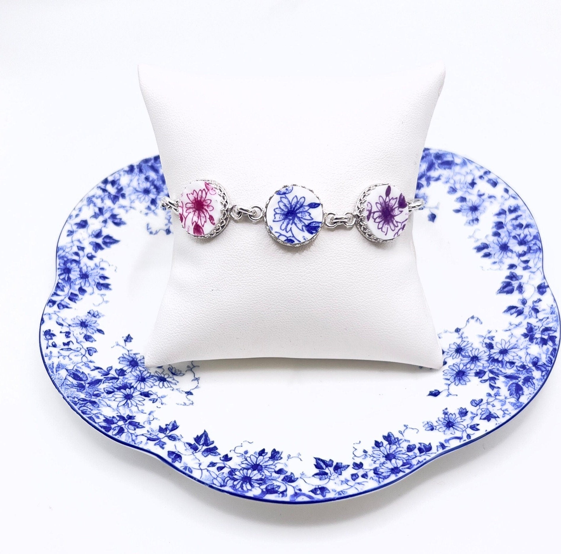 Porcelain Jewelry Bracelet, 18th Anniversary Gift for Wife, Shelley Dainty Pink, Blue and Mauve
