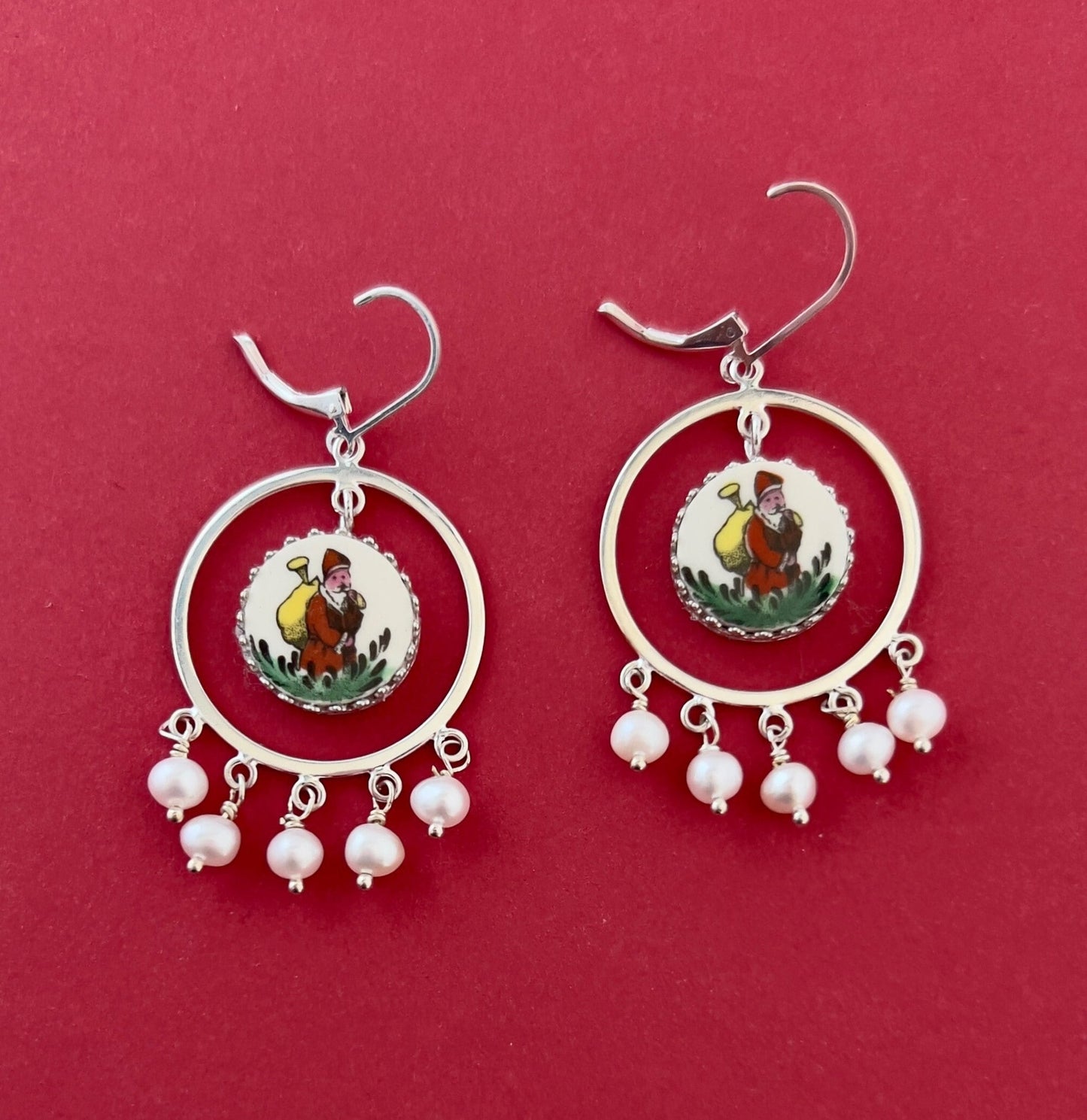 Unique Santa Earrings, Spode Christmas Tree China Broken China Jewelry, Freshwater Pearls