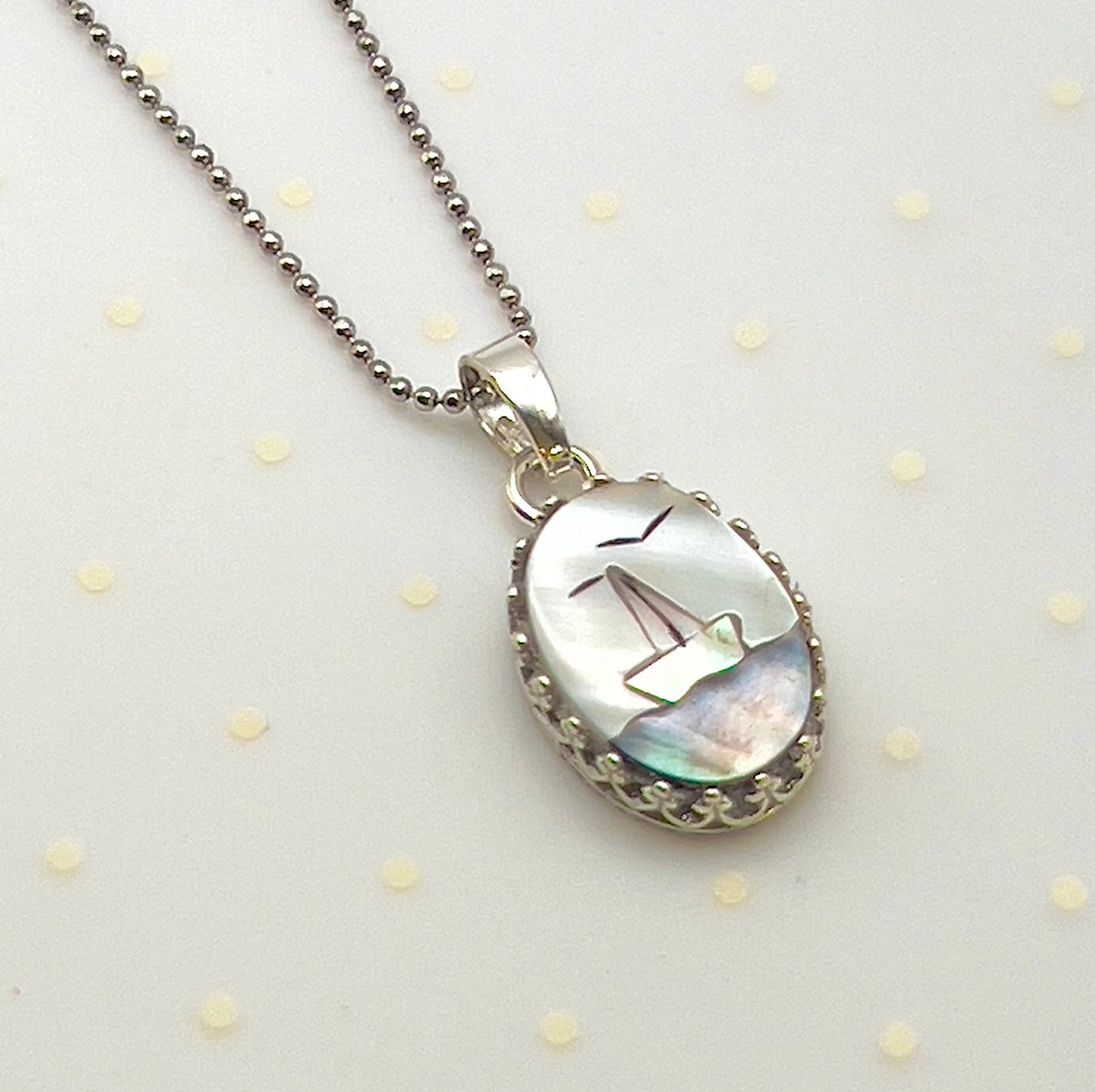 Dainty Mother of Pearl Sailboat Necklace, Beach Wedding Jewelry, Nautical