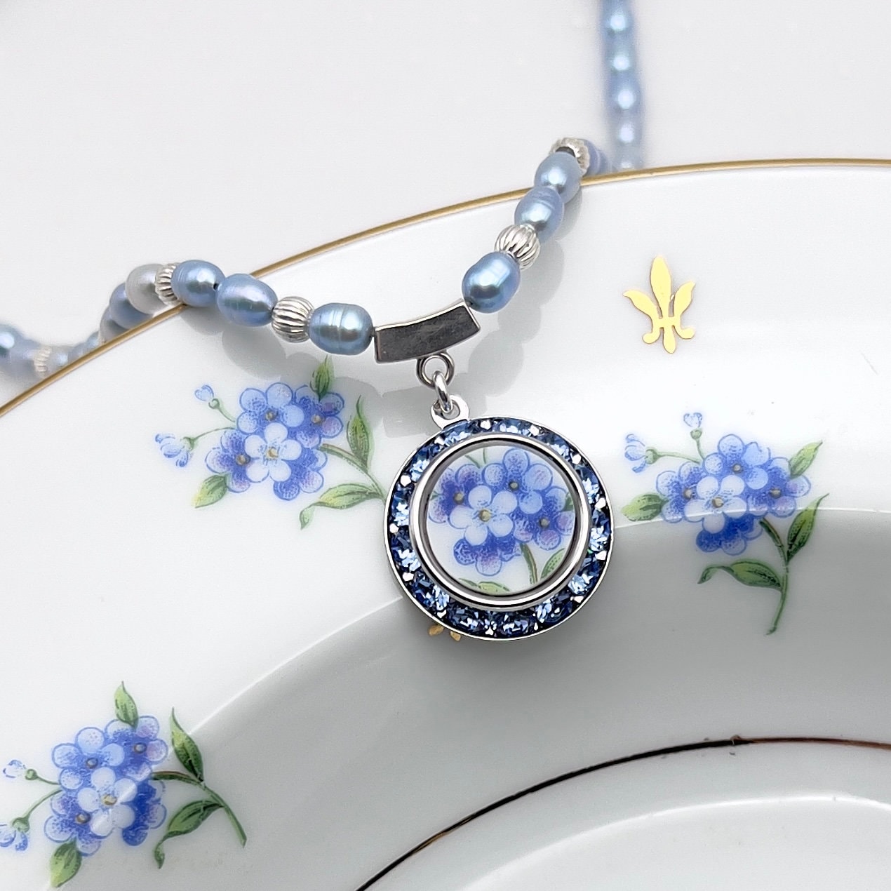 Forget Me Not Broken China Jewelry, 20th Anniversary Gift for Wife, Porcelain and Pearl Necklace
