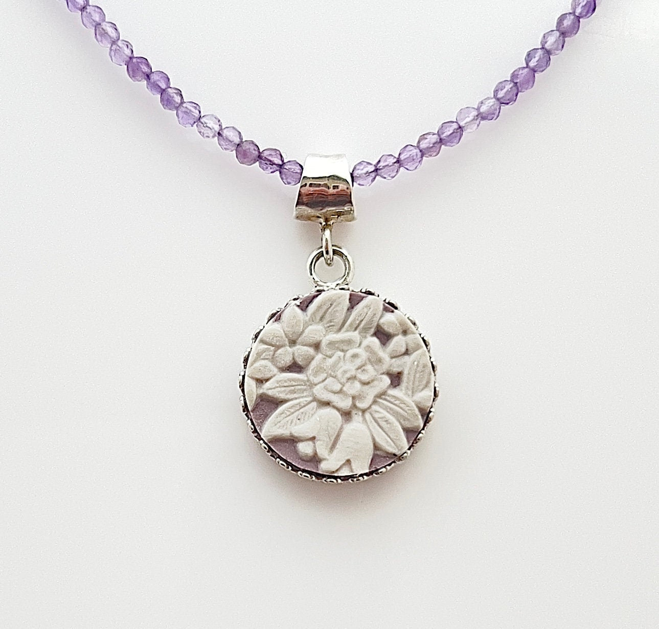 Wedgwood Lilac Jasperware Necklace, 9th Anniversary Pottery Gift for Wife, Purple Amethyst
