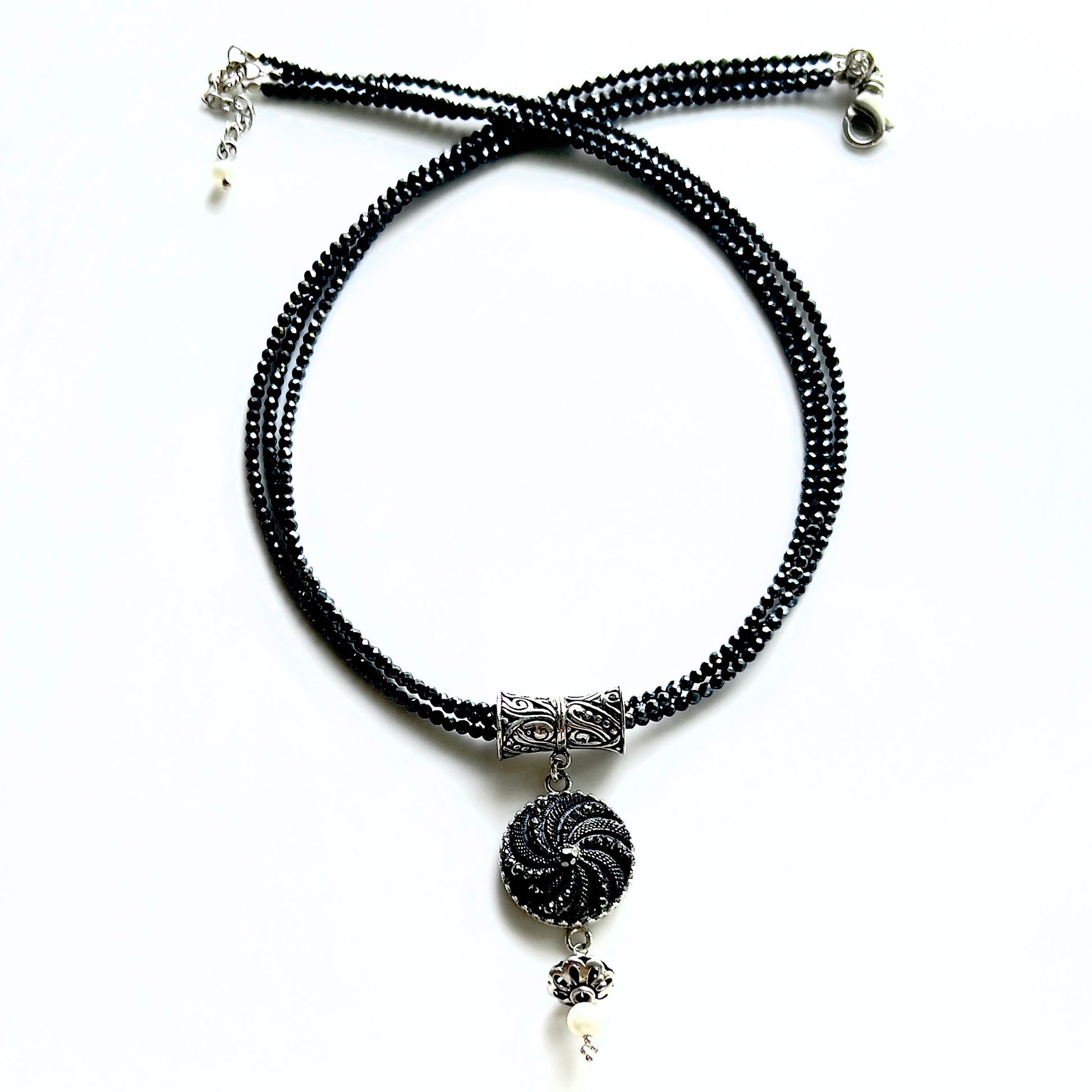 Vintage Black Glass Button Necklace, Victorian Statement Jewelry