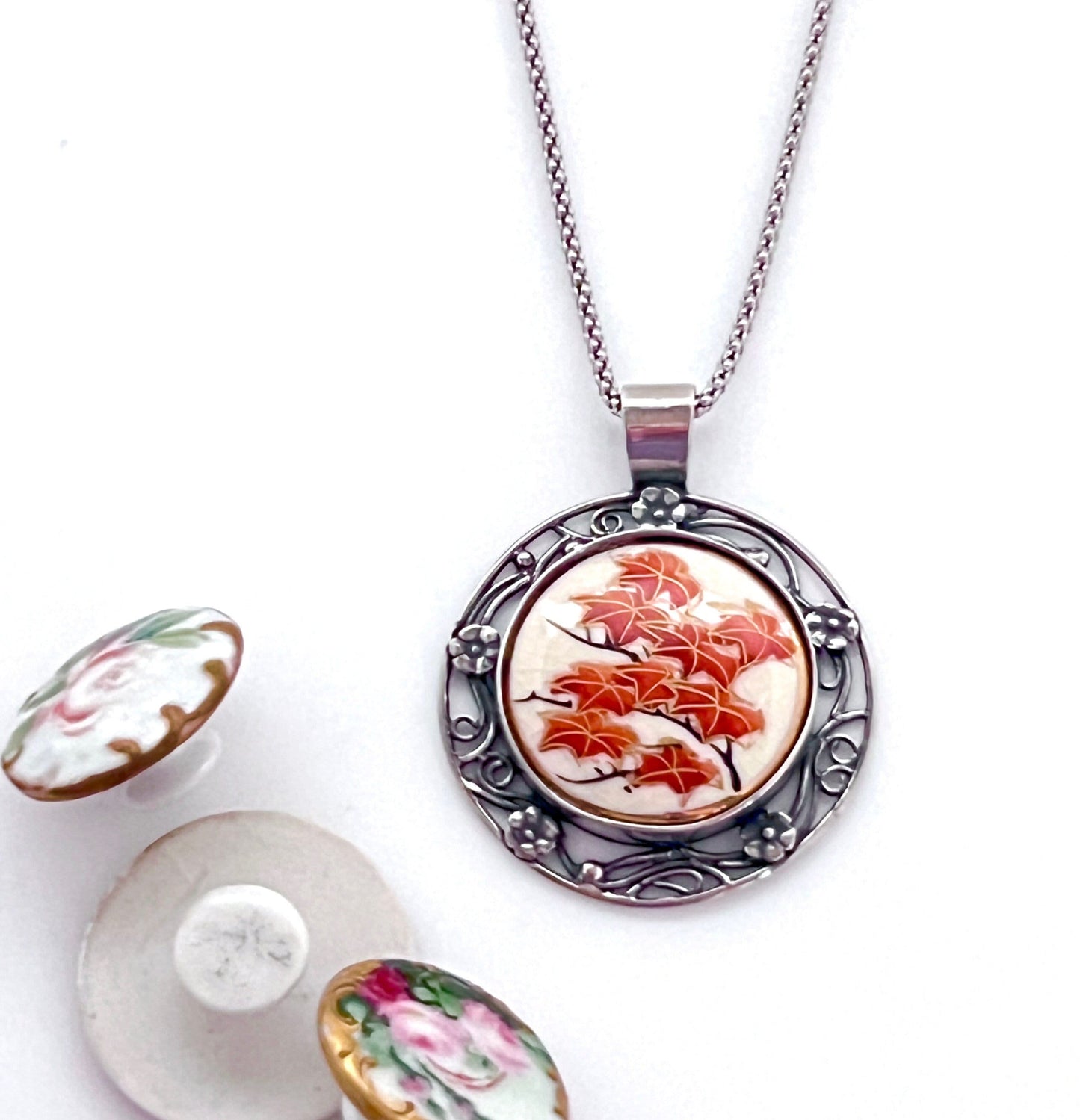 Japanese Satsuma Button Necklace, Antique Hand Painted Button, 18th or 20th Anniversary Gift for Wife