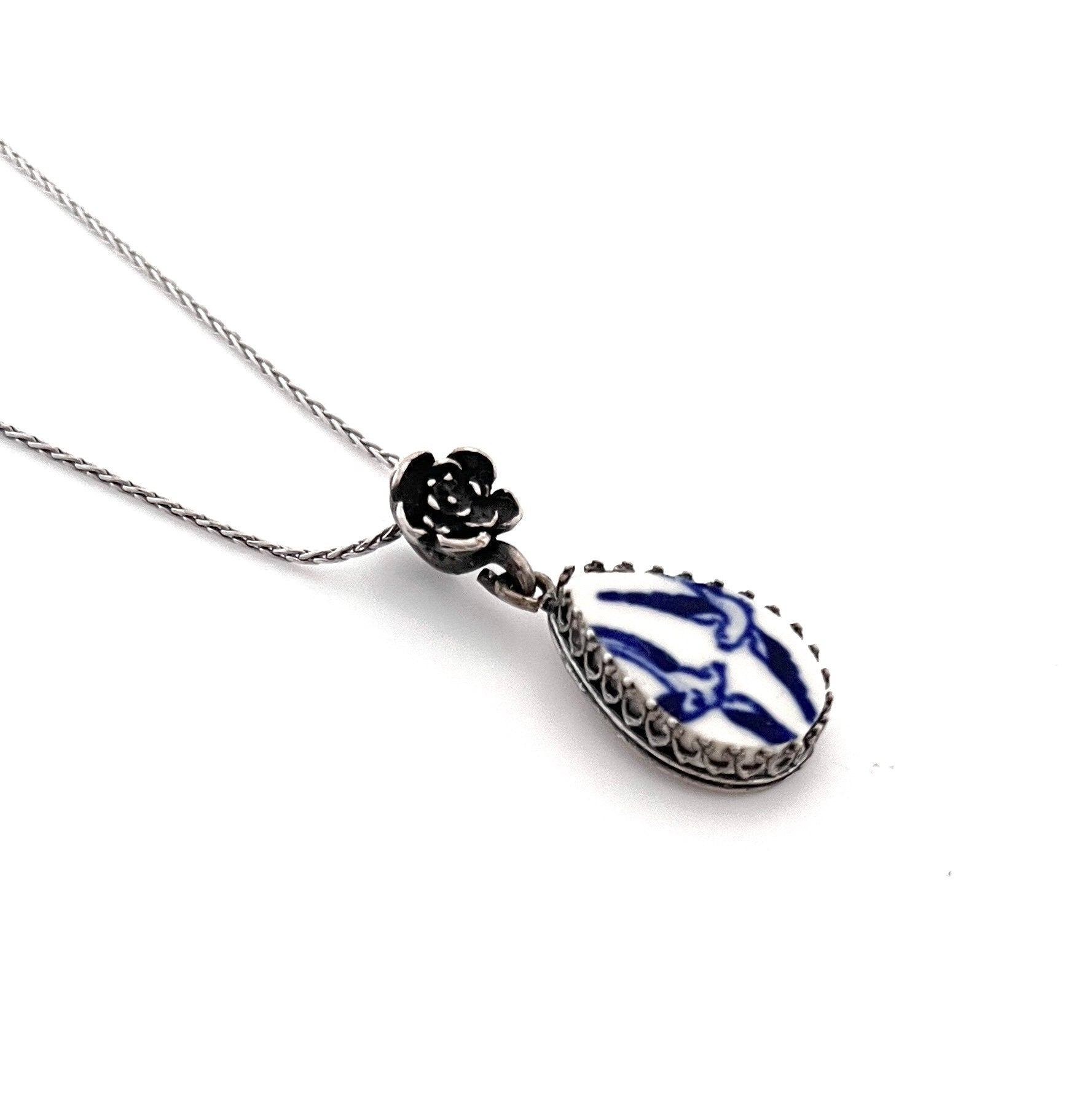 Adjustable Dainty Blue Willow Necklace, Love Birds Teardrop Pendant, 9th Anniversary Gift for Wife