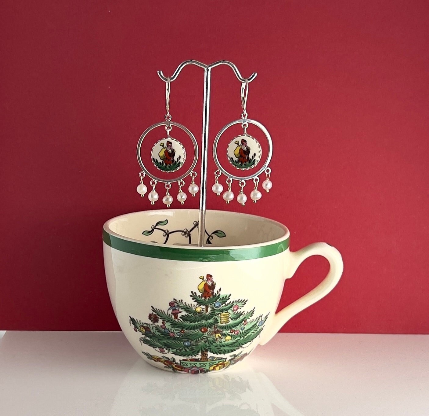 Unique Santa Earrings, Spode Christmas Tree China Broken China Jewelry, Freshwater Pearls