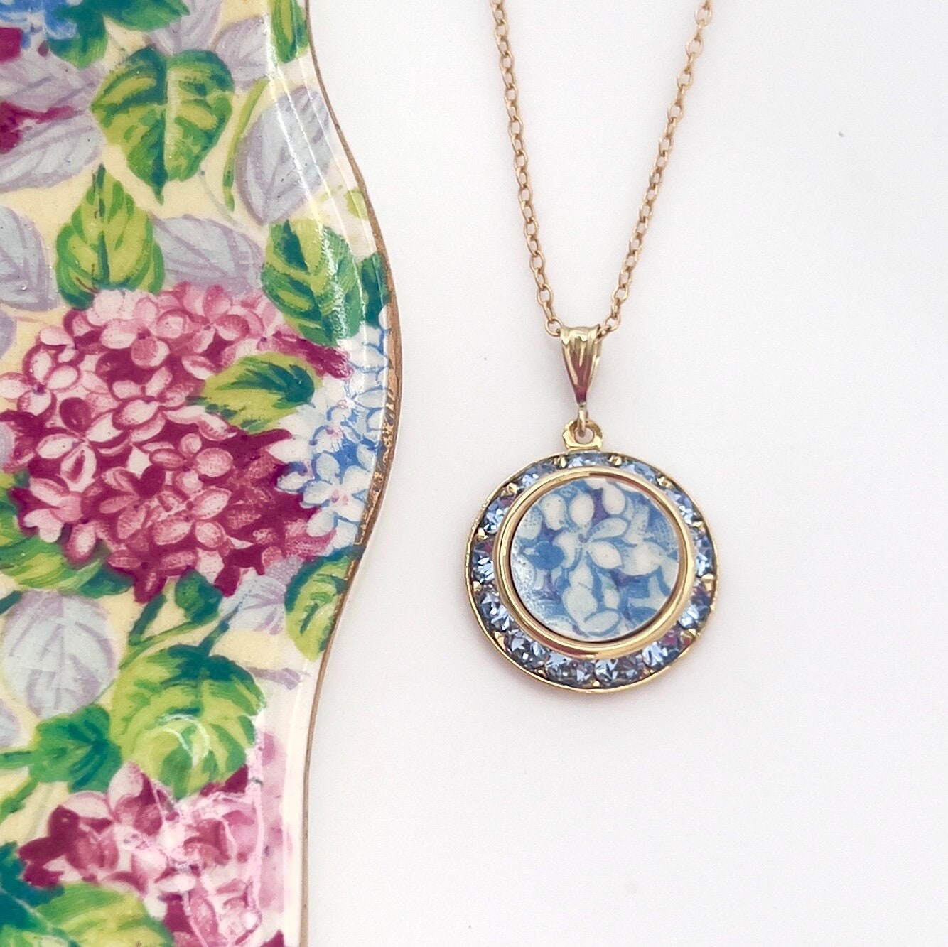 Blue Hydrangea Necklace, Adjustable Gold Crystal Necklace, Vintage Chintz China, Cape Cod Jewelry Gift